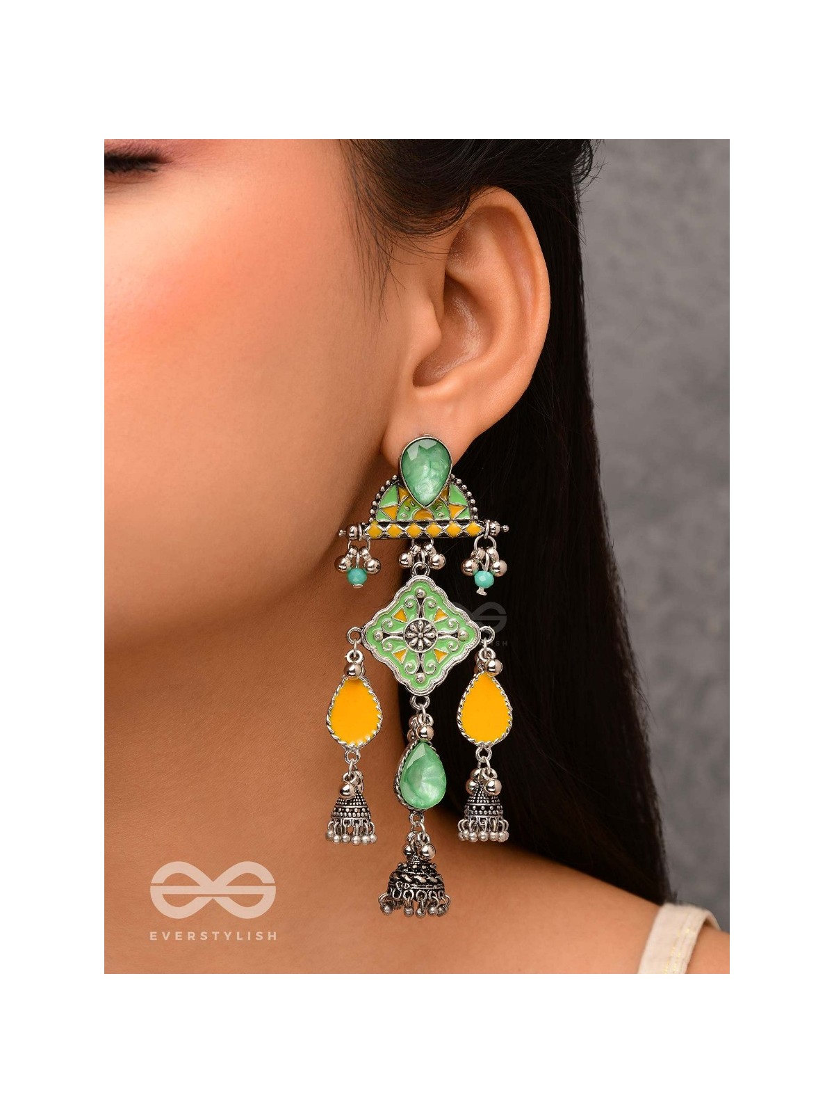 The Sunlit Grove - Stones Enamelled Oxidised Earrings