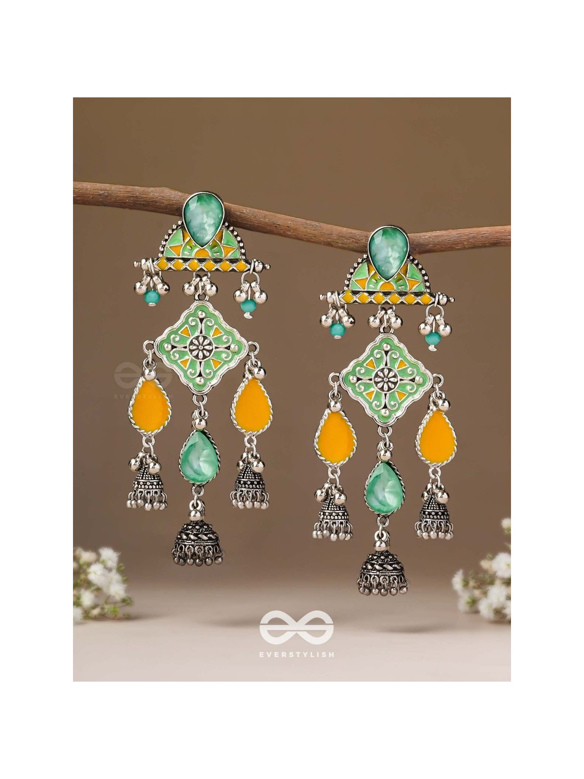 The Sunlit Grove - Stones Enamelled Oxidised Earrings