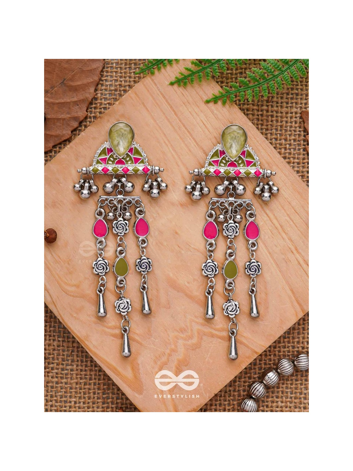 The Olive Roses - Stone Enamelled Oxidised Earrings