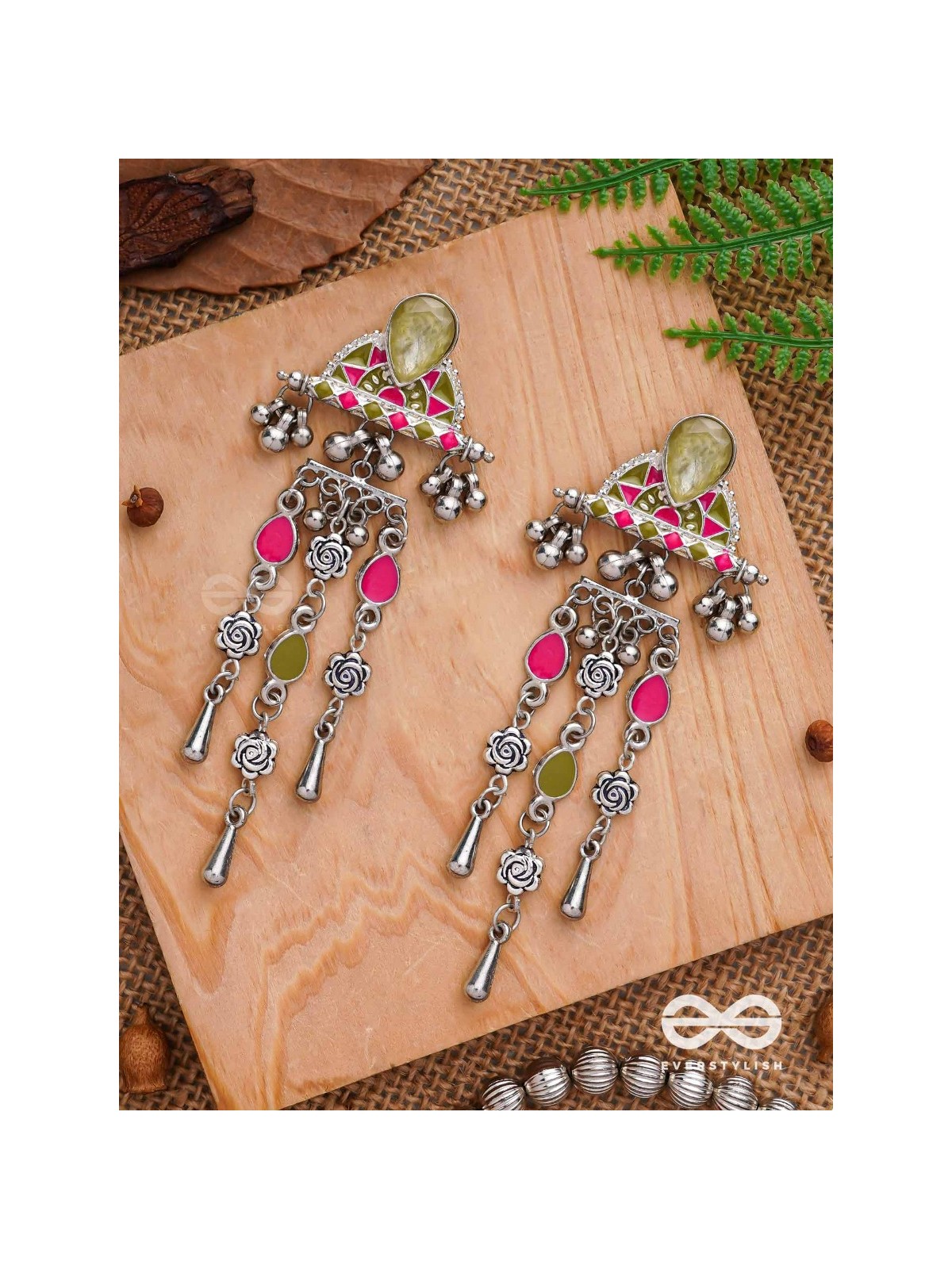 The Olive Roses - Stone Enamelled Oxidised Earrings