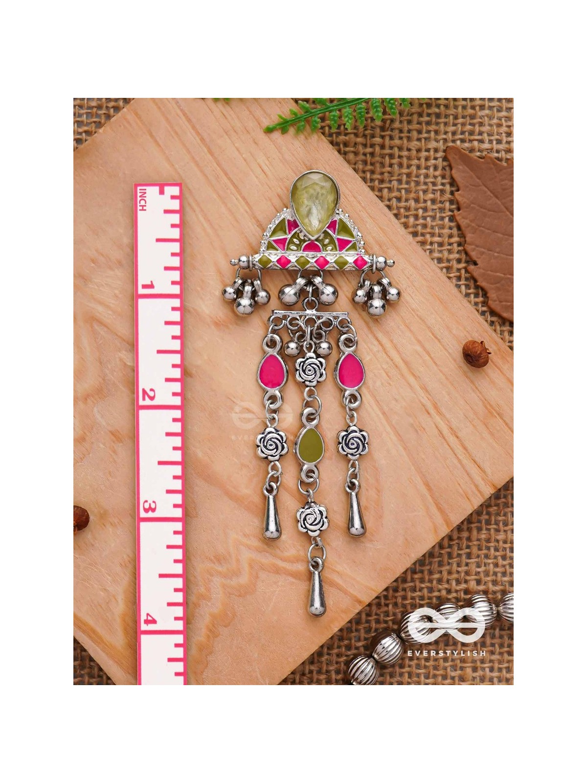 The Olive Roses - Stone Enamelled Oxidised Earrings