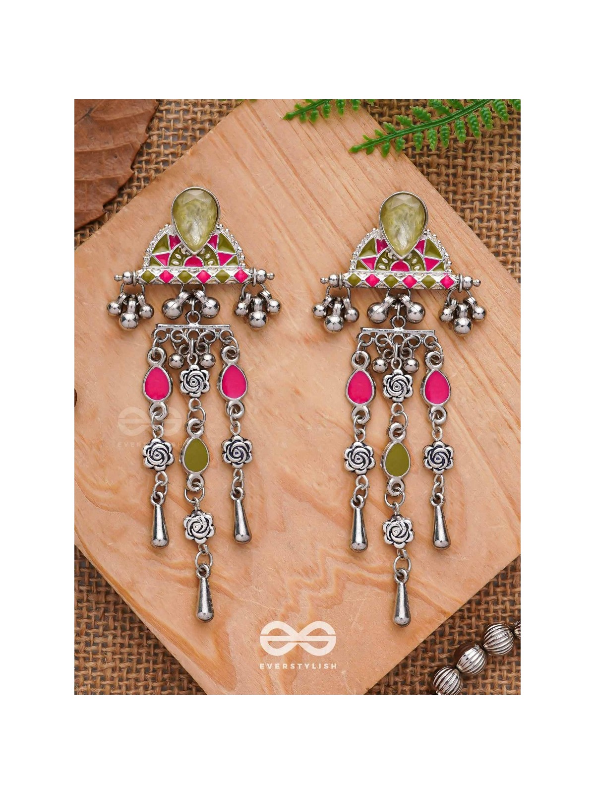 The Olive Roses - Stone Enamelled Oxidised Earrings