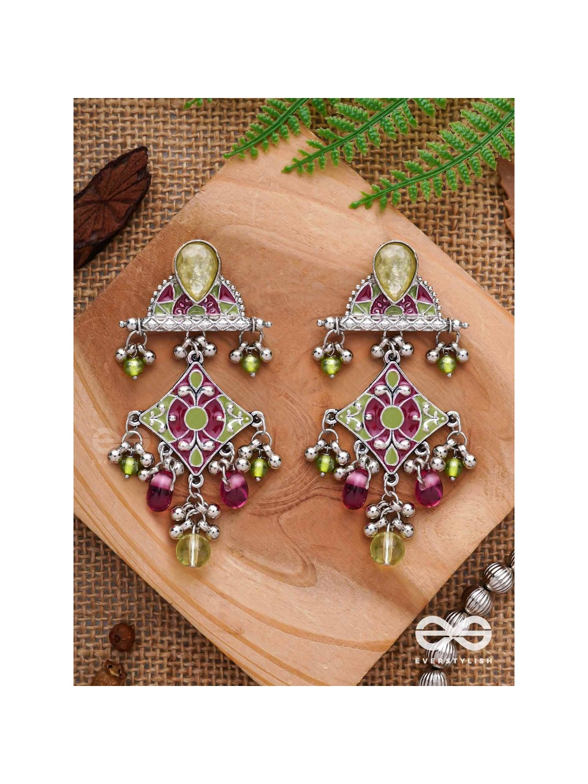 The Fresh Rubies - Stone And Glass Drops Enamelled Oxidised Earrings