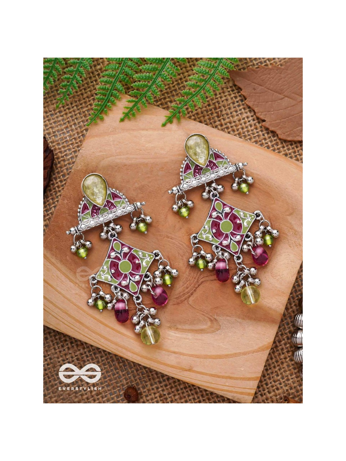 The Fresh Rubies - Stone And Glass Drops Enamelled Oxidised Earrings