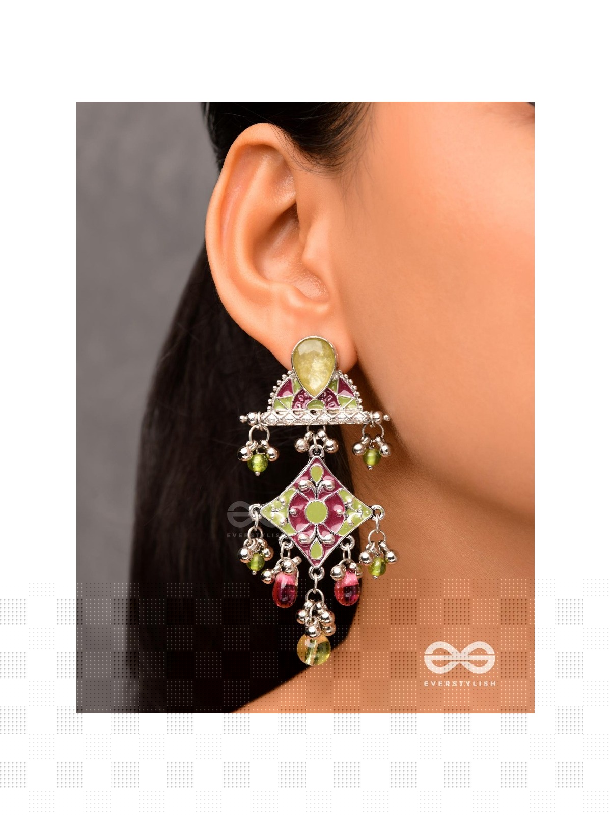 The Fresh Rubies - Stone And Glass Drops Enamelled Oxidised Earrings