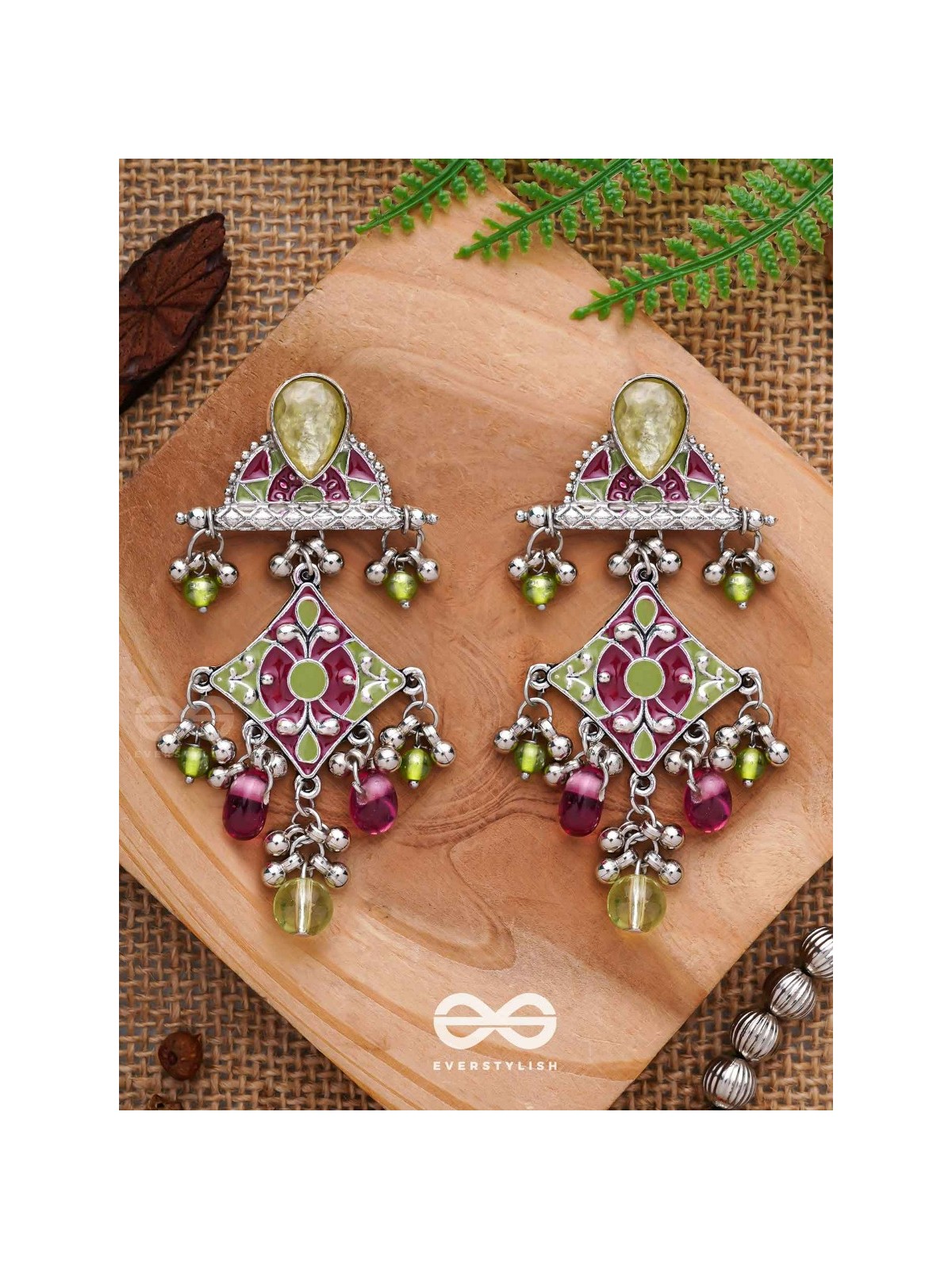 The Fresh Rubies - Stone And Glass Drops Enamelled Oxidised Earrings