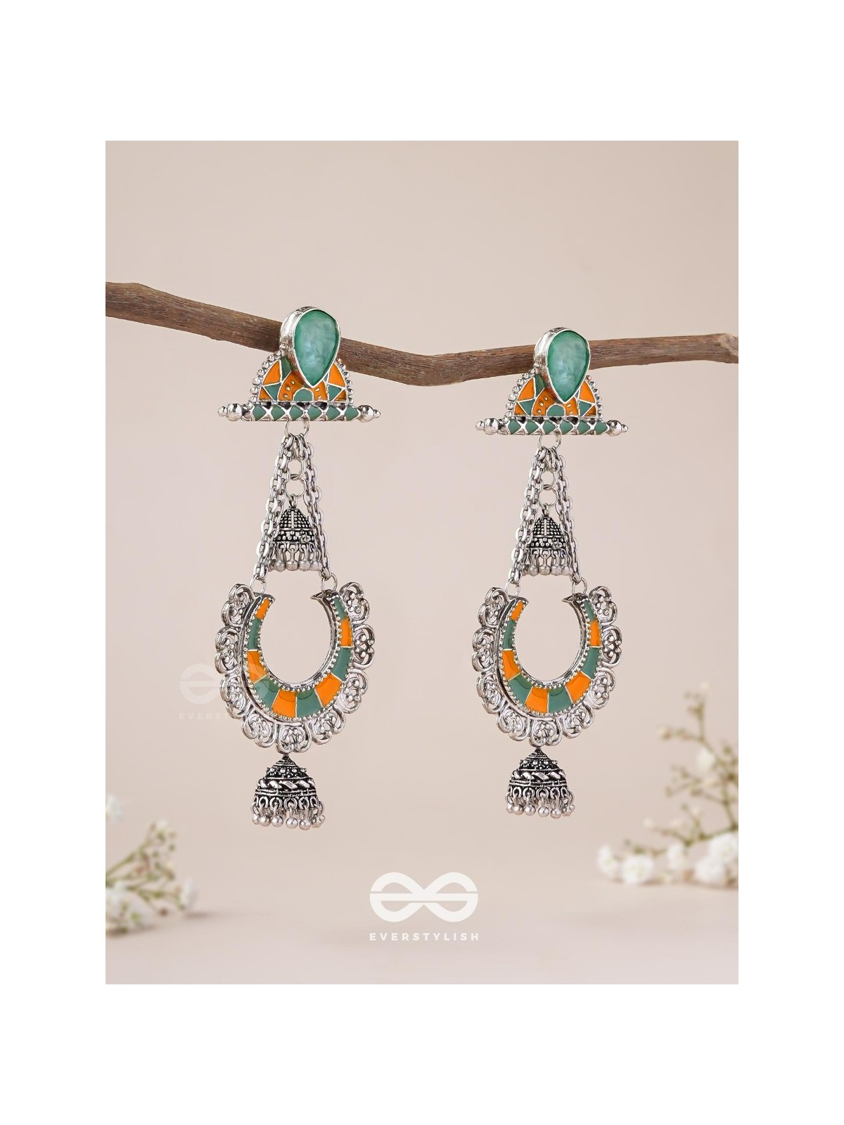 The Sage Swirls - Stone Enamelled Oxidised Earrings