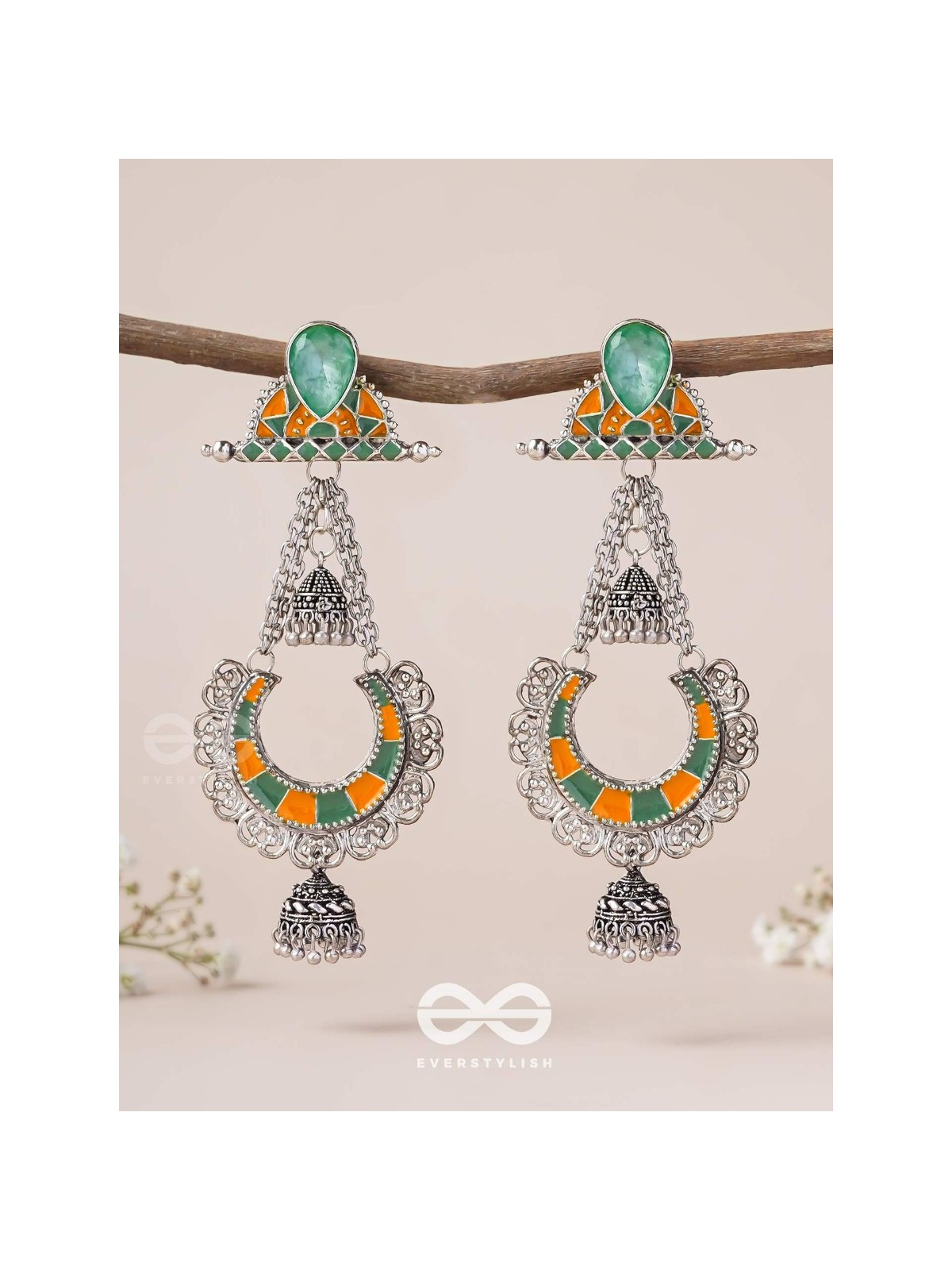 The Sage Swirls - Stone Enamelled Oxidised Earrings