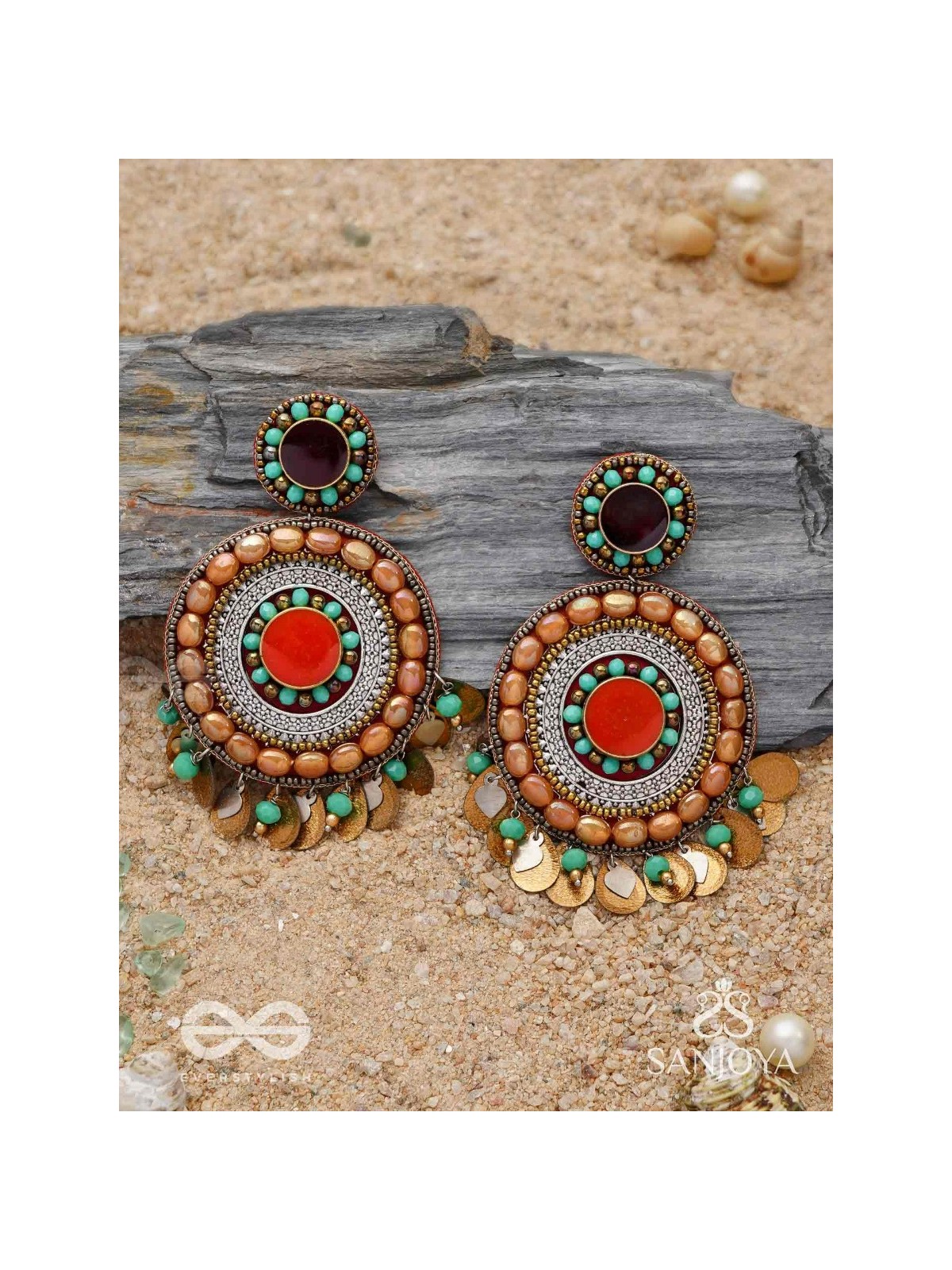 Kadrav - The Auburn Peals - Beads And Coins Hand Embroidered Enamelled Oxidised Earrings