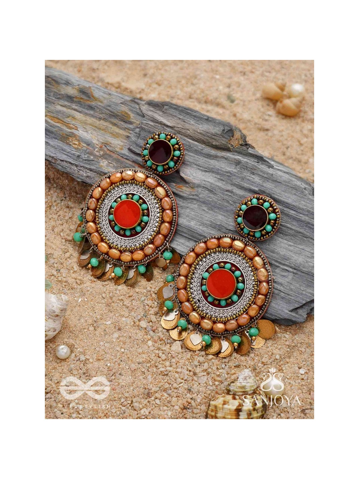 Kadrav - The Auburn Peals - Beads And Coins Hand Embroidered Enamelled Oxidised Earrings