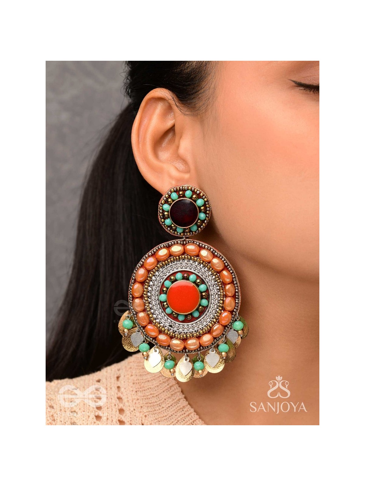 Kadrav - The Auburn Peals - Beads And Coins Hand Embroidered Enamelled Oxidised Earrings