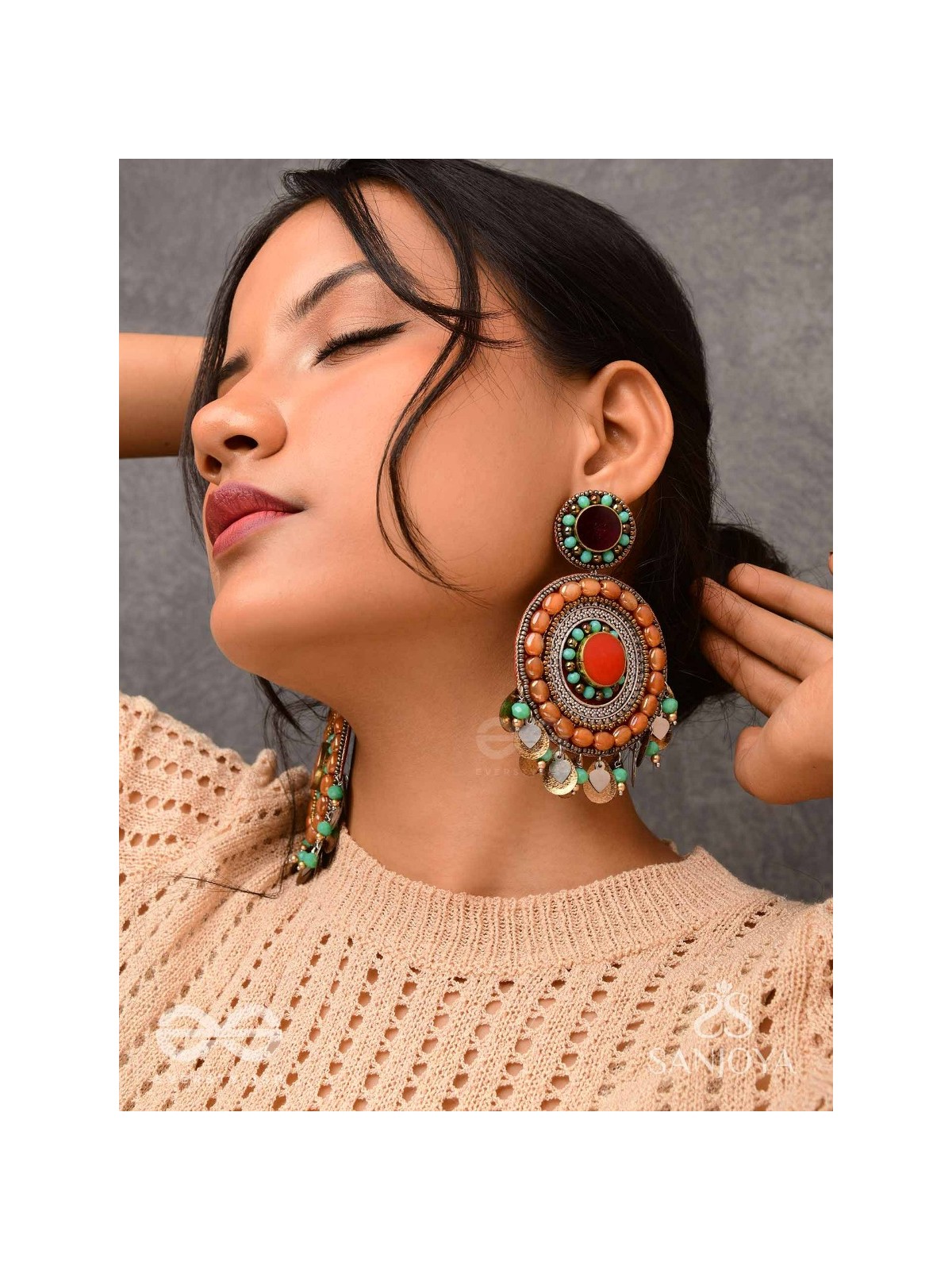 Kadrav - The Auburn Peals - Beads And Coins Hand Embroidered Enamelled Oxidised Earrings