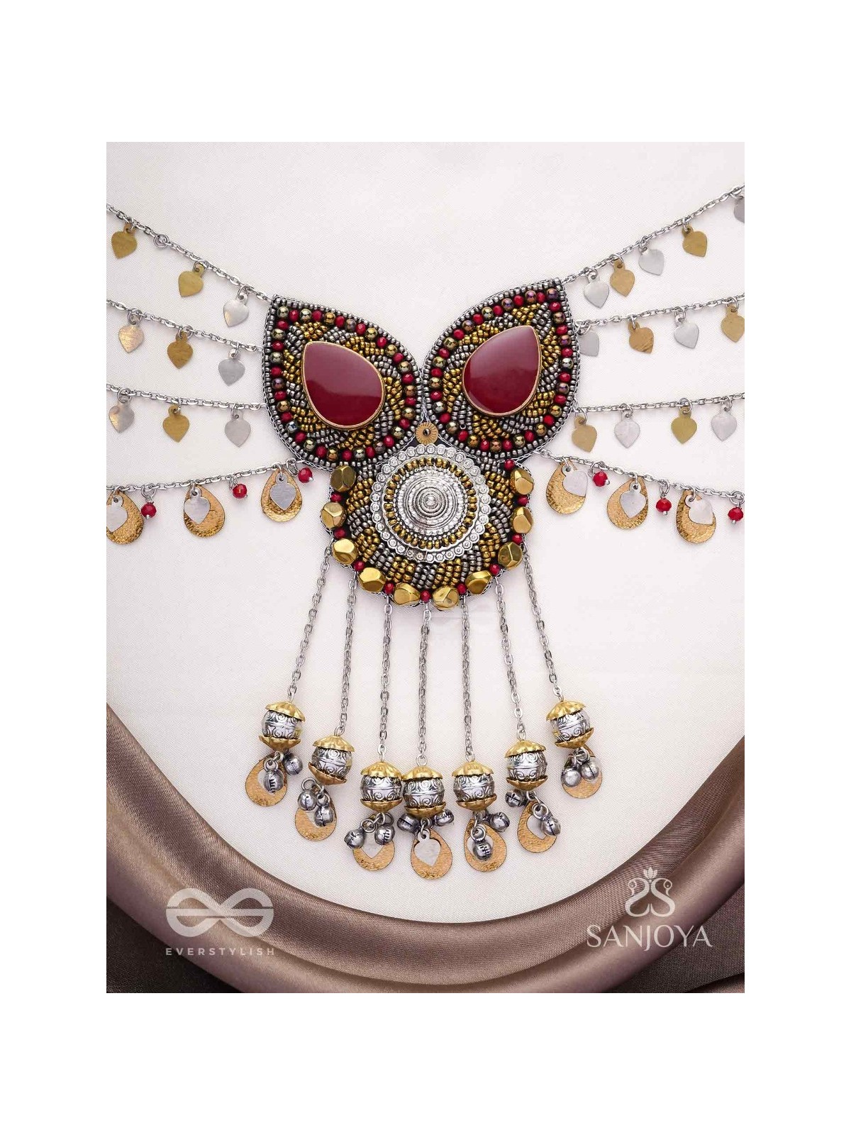 Sambhrit - The Mighty Chants - Beads And Coins Hand Embroidered Oxidised Neckpiece