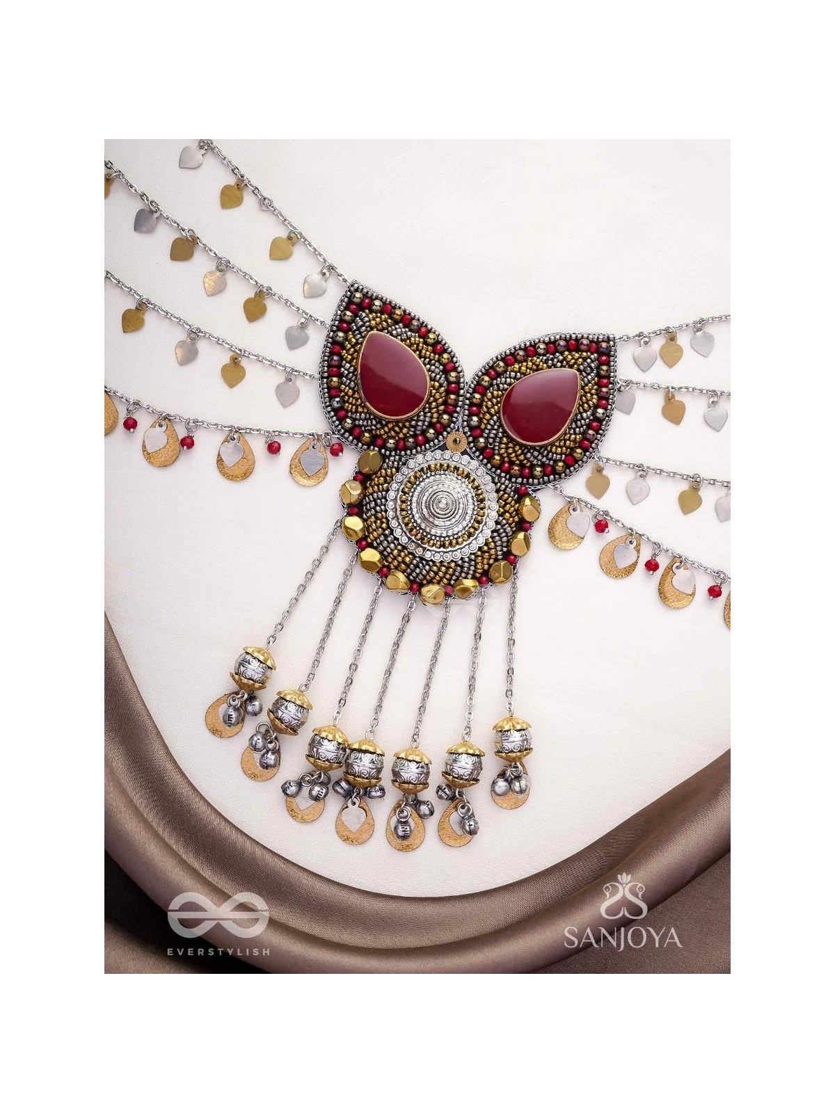 Sambhrit - The Mighty Chants - Beads And Coins Hand Embroidered Oxidised Neckpiece