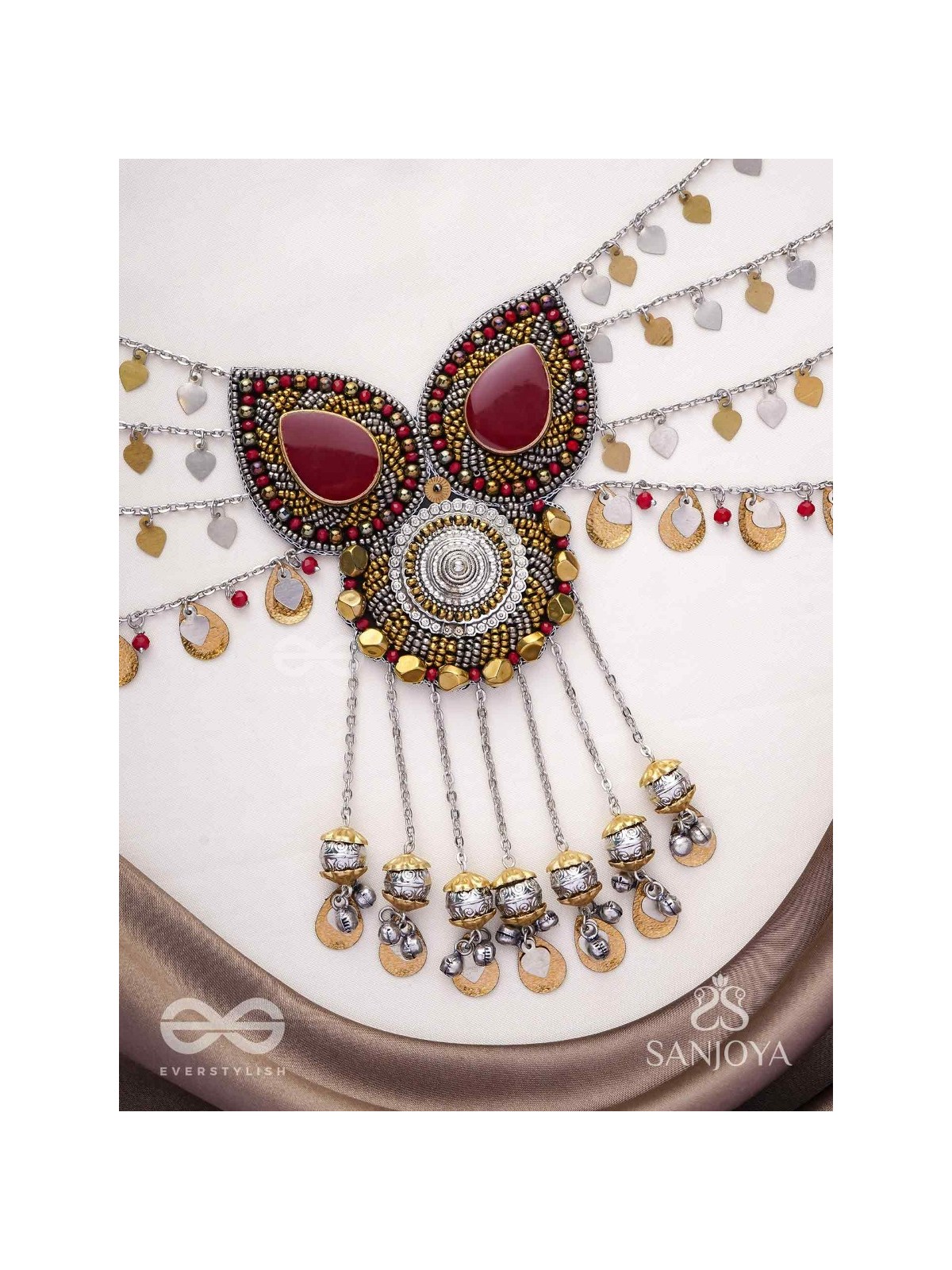 Sambhrit - The Mighty Chants - Beads And Coins Hand Embroidered Oxidised Neckpiece