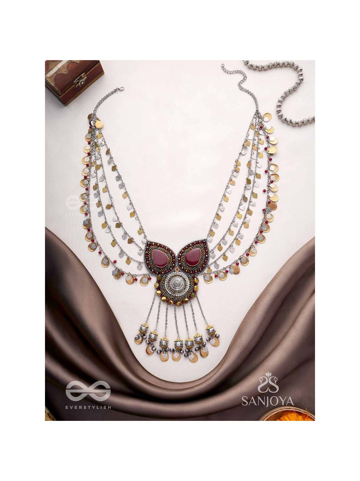 Sambhrit - The Mighty Chants - Beads And Coins Hand Embroidered Oxidised Neckpiece