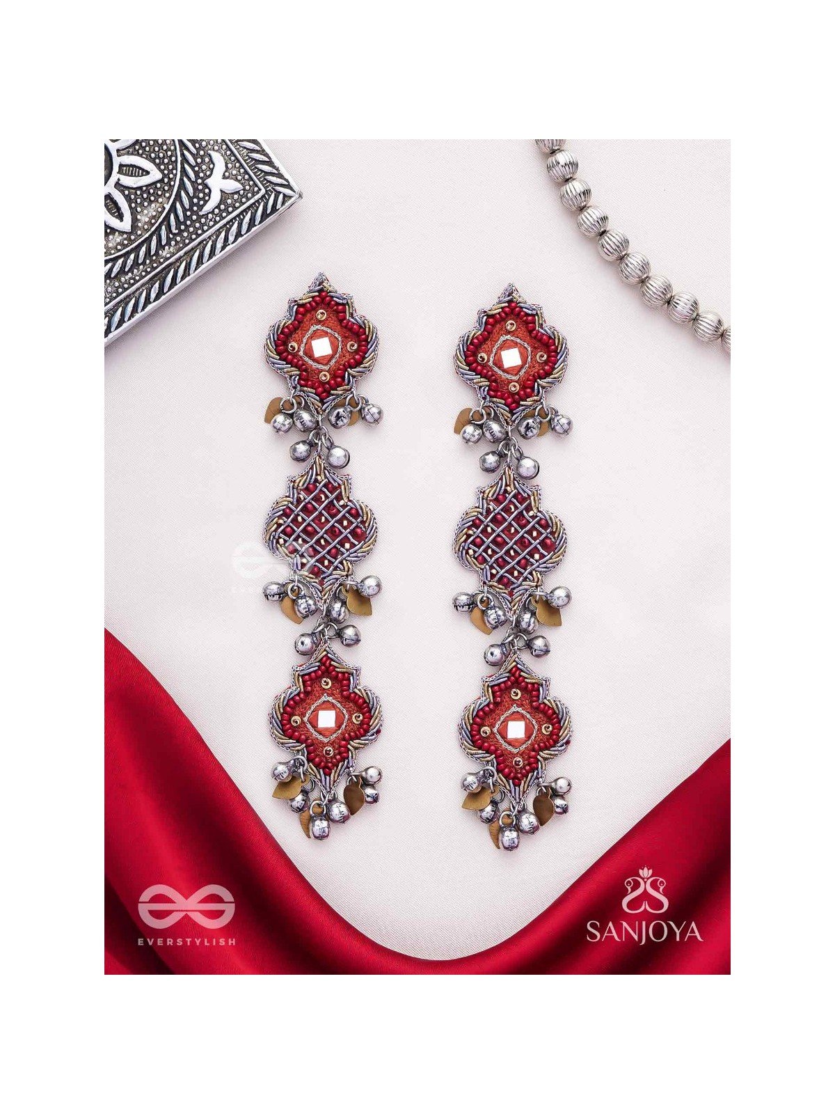 Yashas - The Maple Grandeur - Beads, Coins And Dabka Hand Embroidered Oxidised Earrings