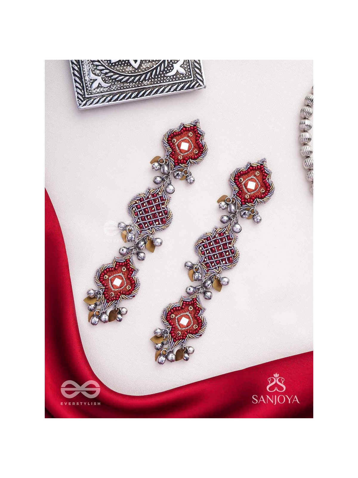 Yashas - The Maple Grandeur - Beads, Coins And Dabka Hand Embroidered Oxidised Earrings