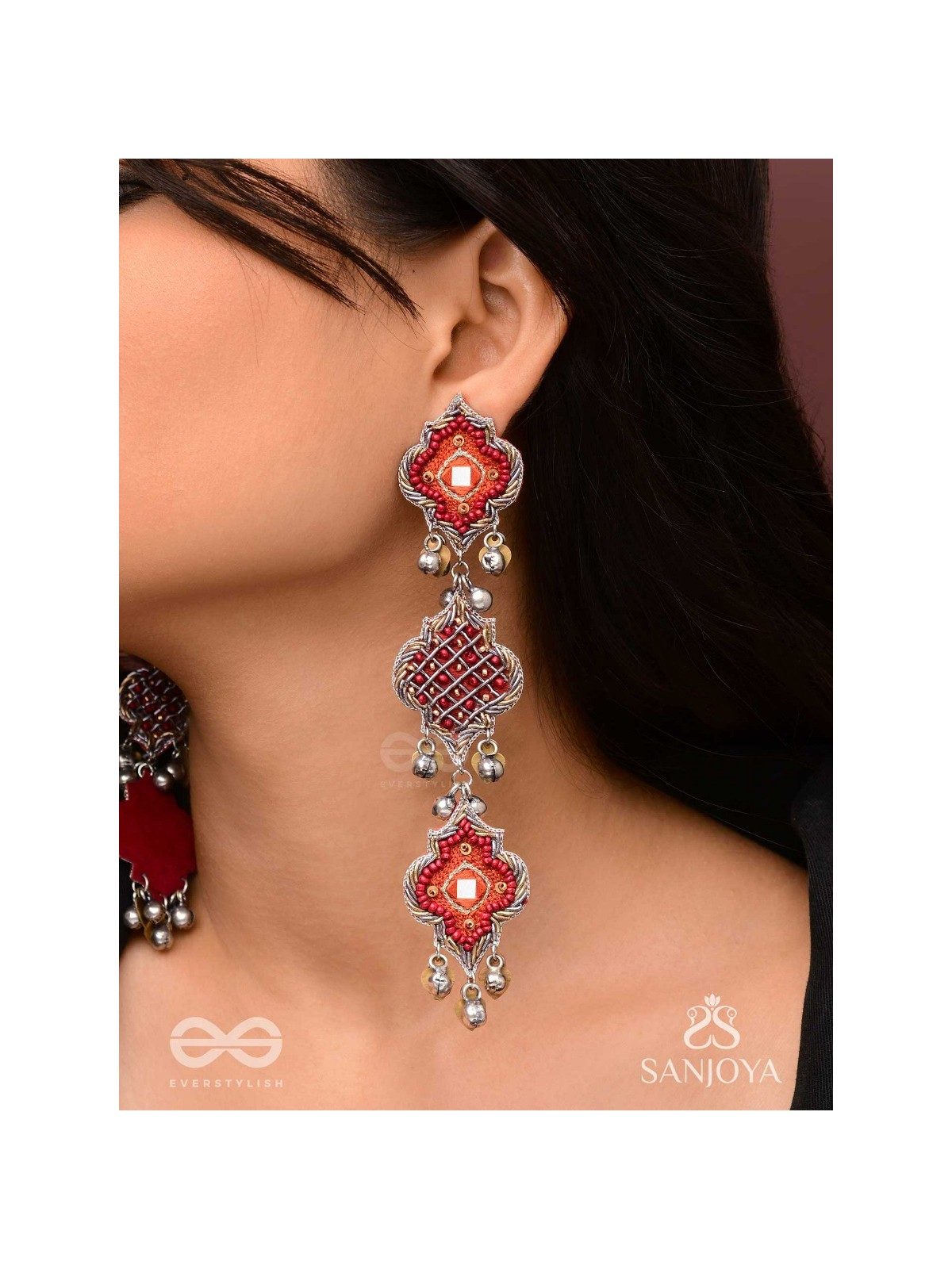 Yashas - The Maple Grandeur - Beads, Coins And Dabka Hand Embroidered Oxidised Earrings