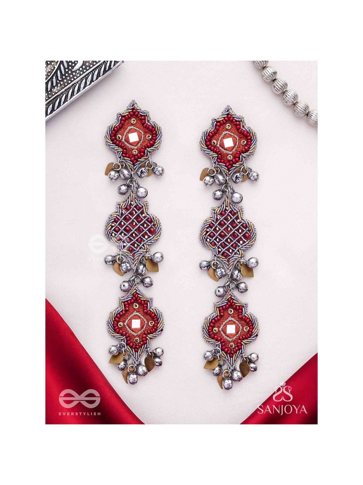Yashas - The Maple Grandeur - Beads, Coins And Dabka Hand Embroidered Oxidised Earrings
