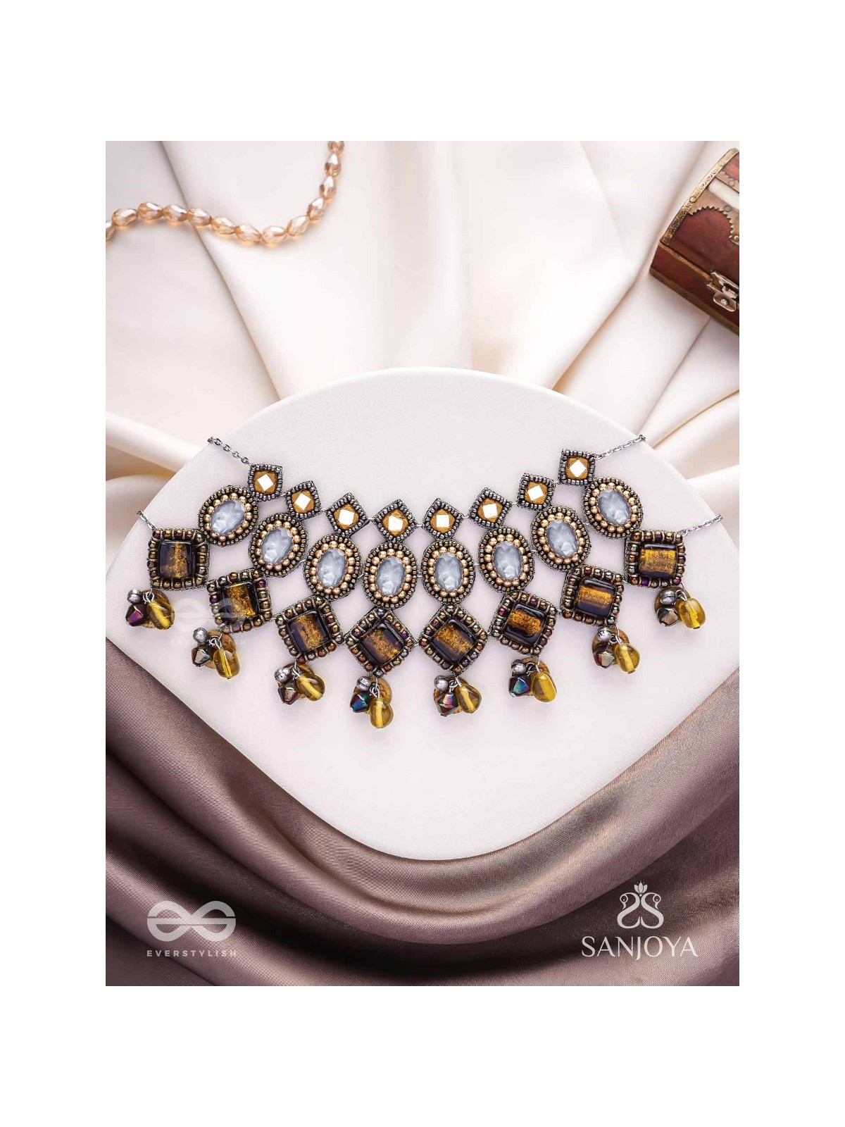 Haridhumra- The Amber Chestnut - Stones, Beads, Coins And Glass Drops Hand Embroidered Oxidised Neckpiece