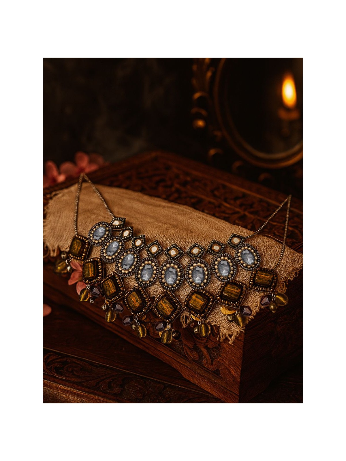 Haridhumra- The Amber Chestnut - Stones, Beads, Coins And Glass Drops Hand Embroidered Oxidised Neckpiece