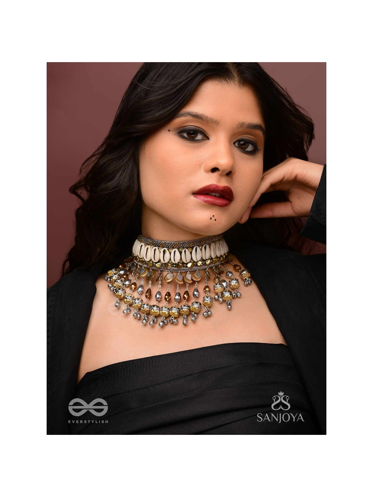 Gaaniya - The Musical Coast - Shells, Coins, Beads And Glass Drops Hand Embroidered Oxidised Choker Neckpiece