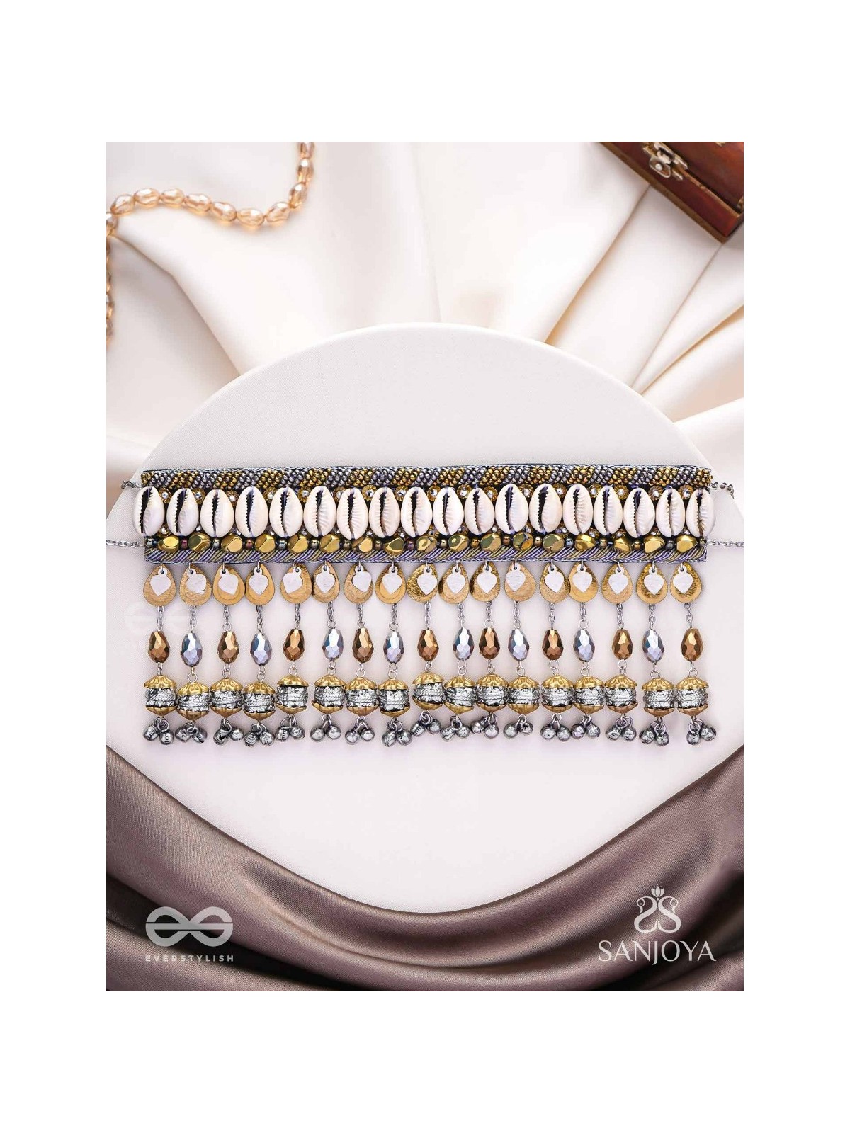 Gaaniya - The Musical Coast - Shells, Coins, Beads And Glass Drops Hand Embroidered Oxidised Choker Neckpiece