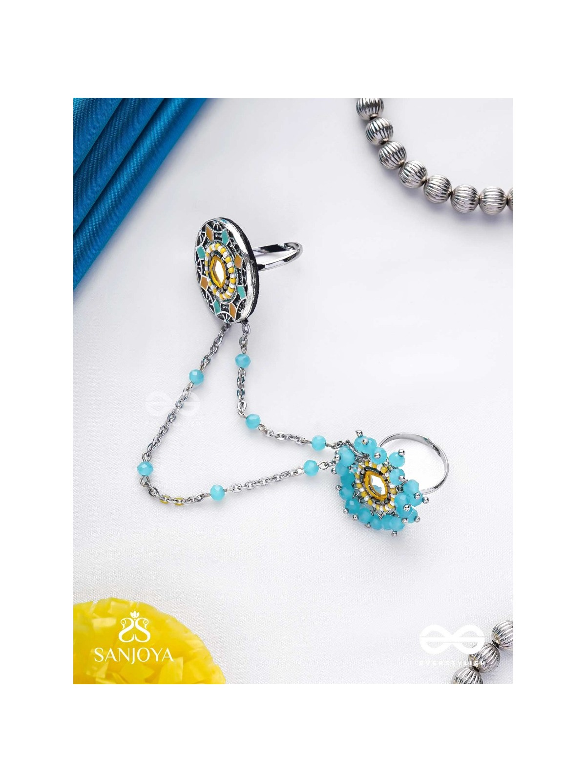 Ambarant - The Horizon Bands - Mirror And Beads Hand Embroidered Enamelled Oxidised Chain Linked Double Rings (Adjustable)