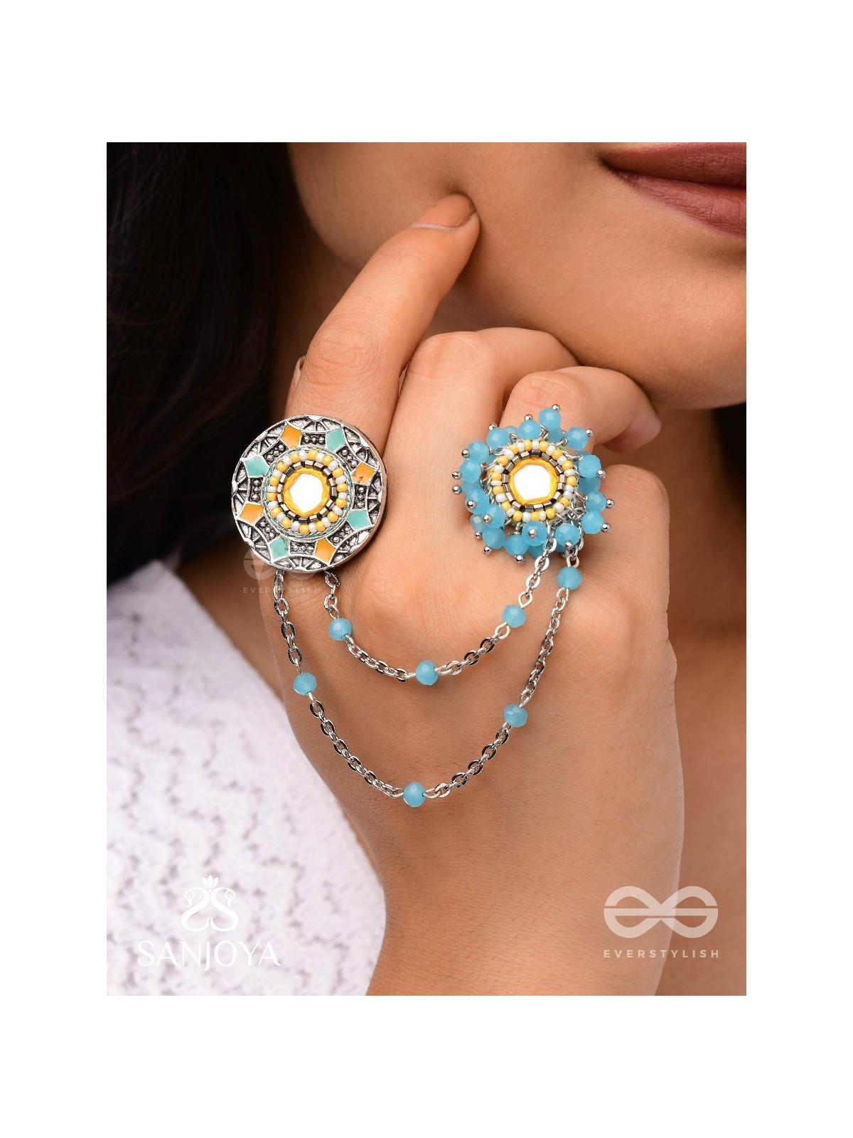 Ambarant - The Horizon Bands - Mirror And Beads Hand Embroidered Enamelled Oxidised Chain Linked Double Rings (Adjustable)