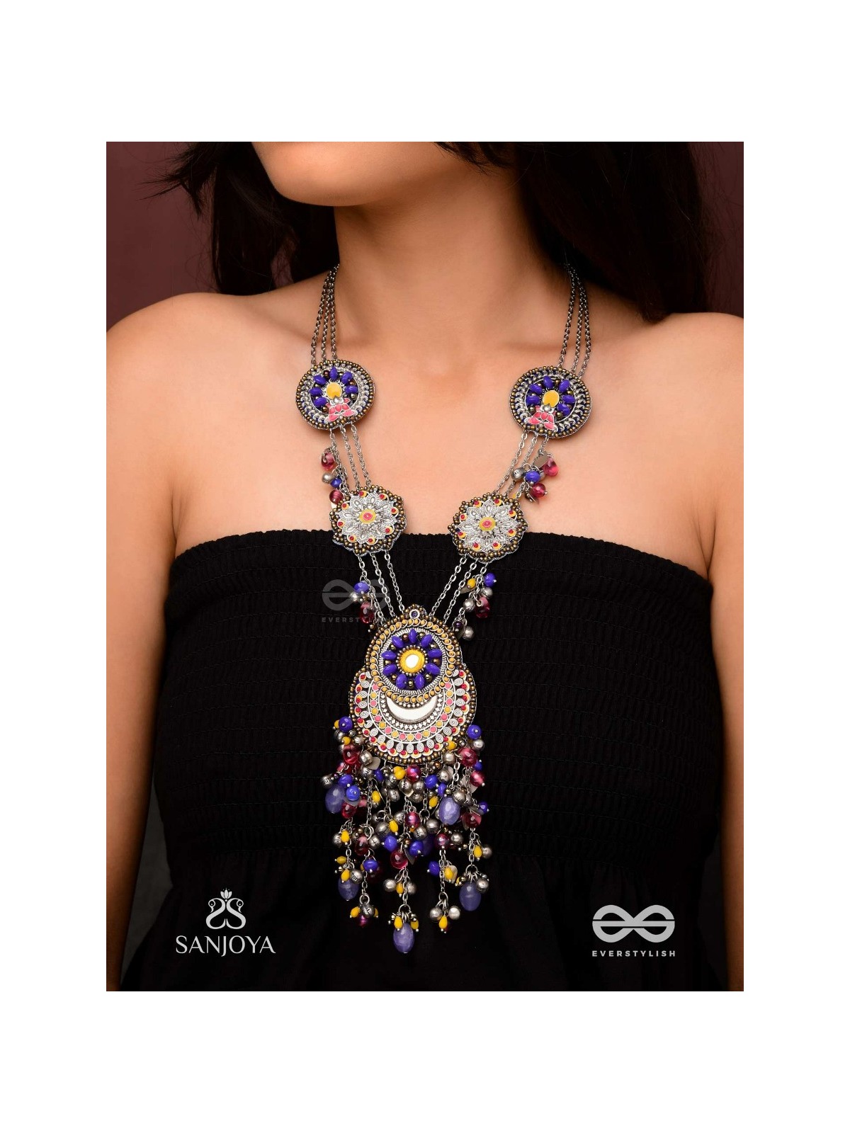 Kshanik - The Skyline Gala - Beads Hand Embroidered Enamelled Oxidised Neckpiece