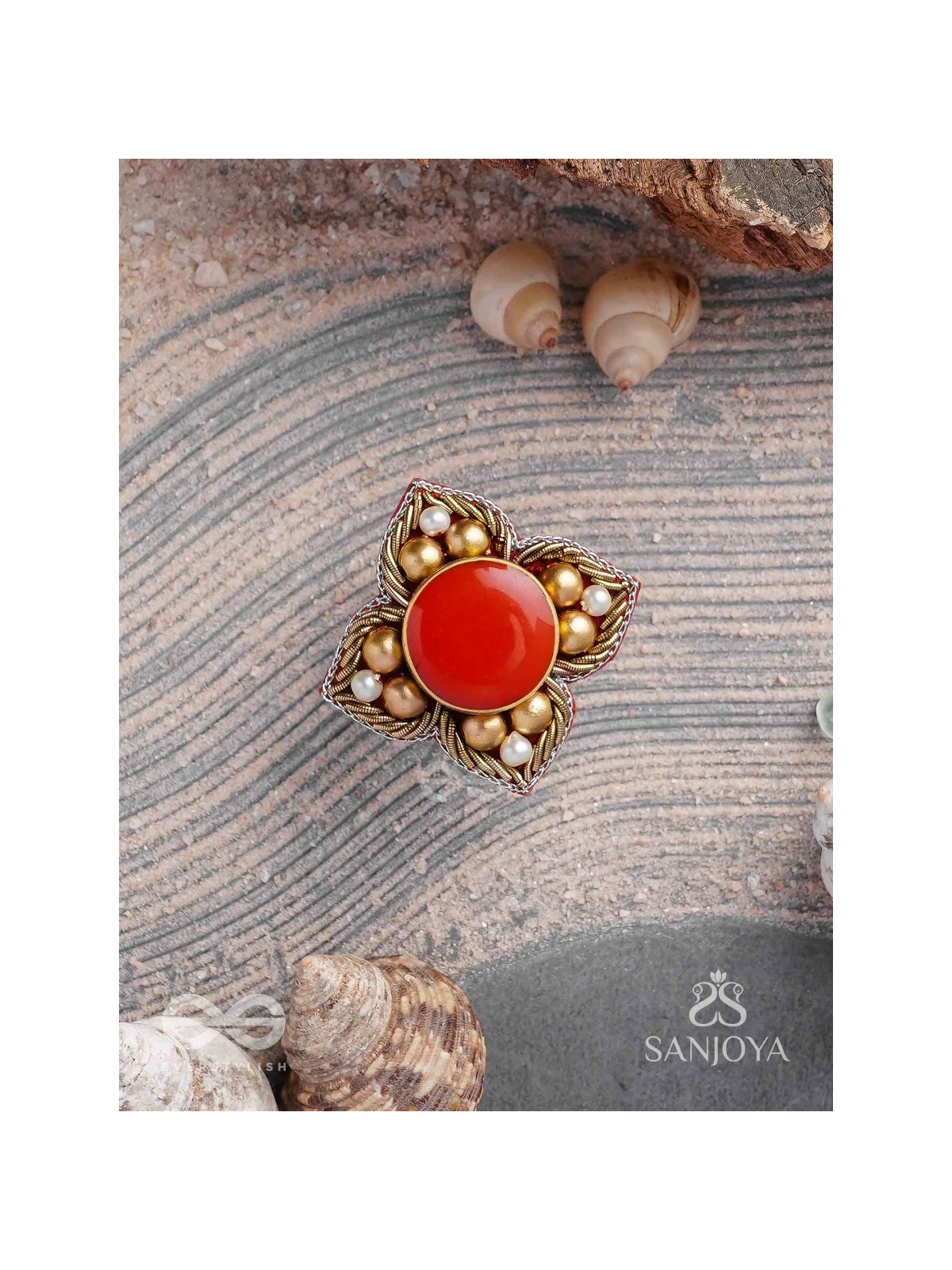 Shikhandik - The Ethereal Stone  - Stone, Beads And Dabka Hand Embroidered Ring (Adjustable)