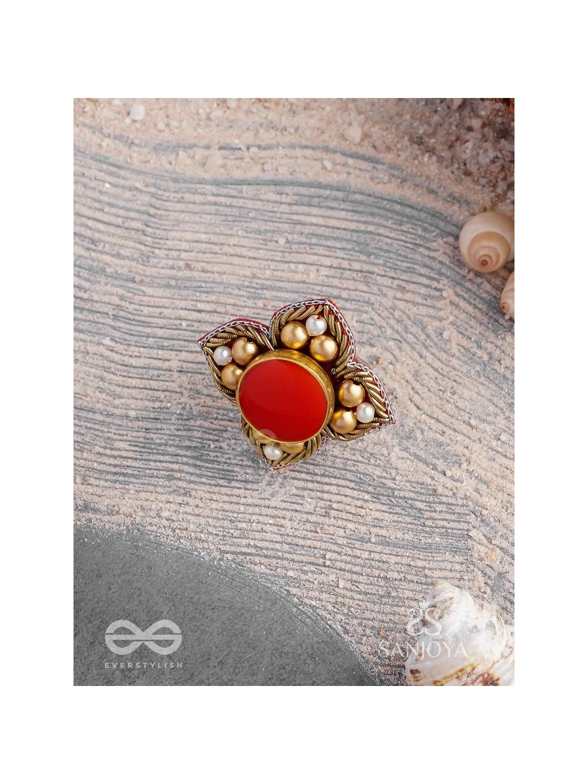 Shikhandik - The Ethereal Stone  - Stone, Beads And Dabka Hand Embroidered Ring (Adjustable)