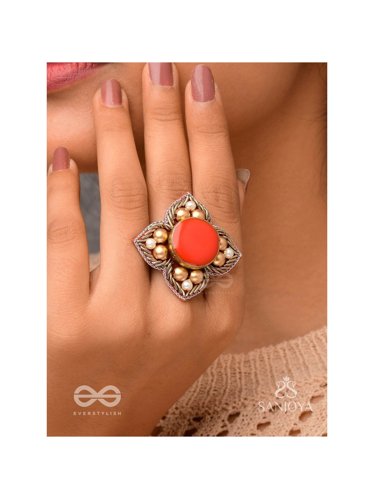Shikhandik - The Ethereal Stone  - Stone, Beads And Dabka Hand Embroidered Ring (Adjustable)