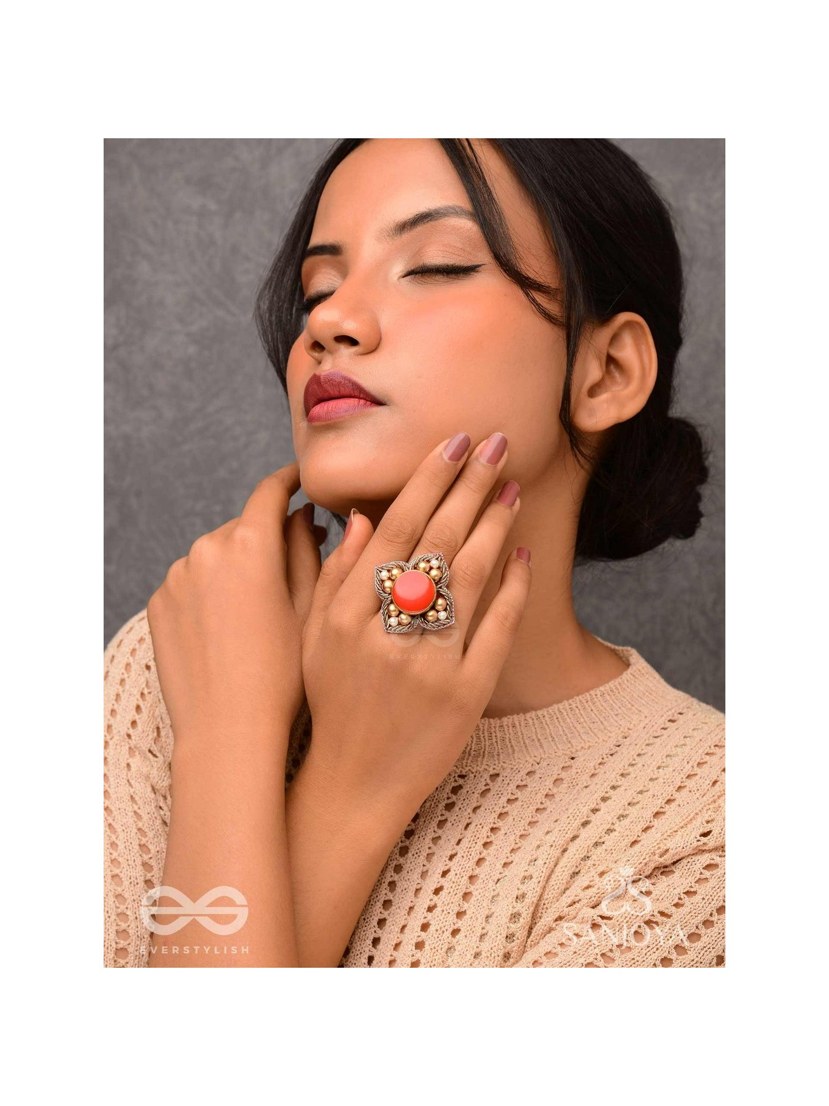 Shikhandik - The Ethereal Stone  - Stone, Beads And Dabka Hand Embroidered Ring (Adjustable)