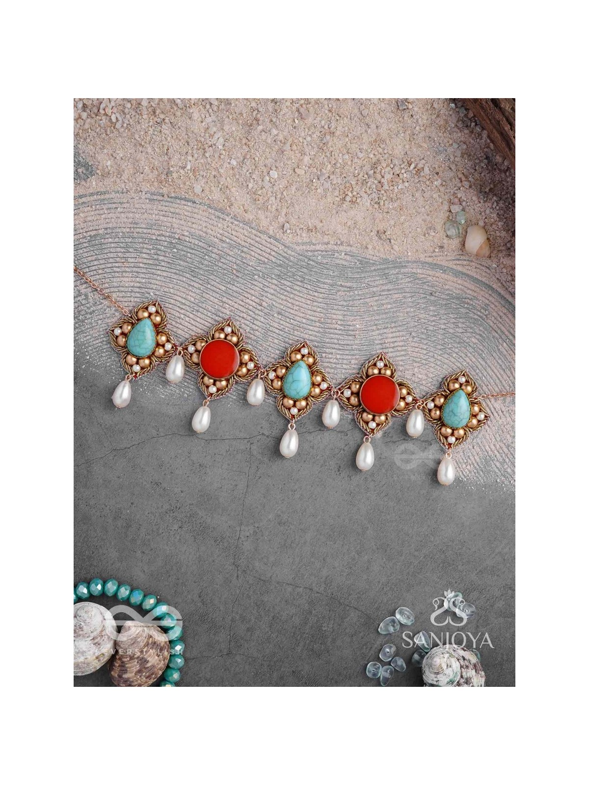 Palashabhyam - The Awakening Petals - Stones, Beads And Pearl Drops Hand Embroidered Choker Neckpiece