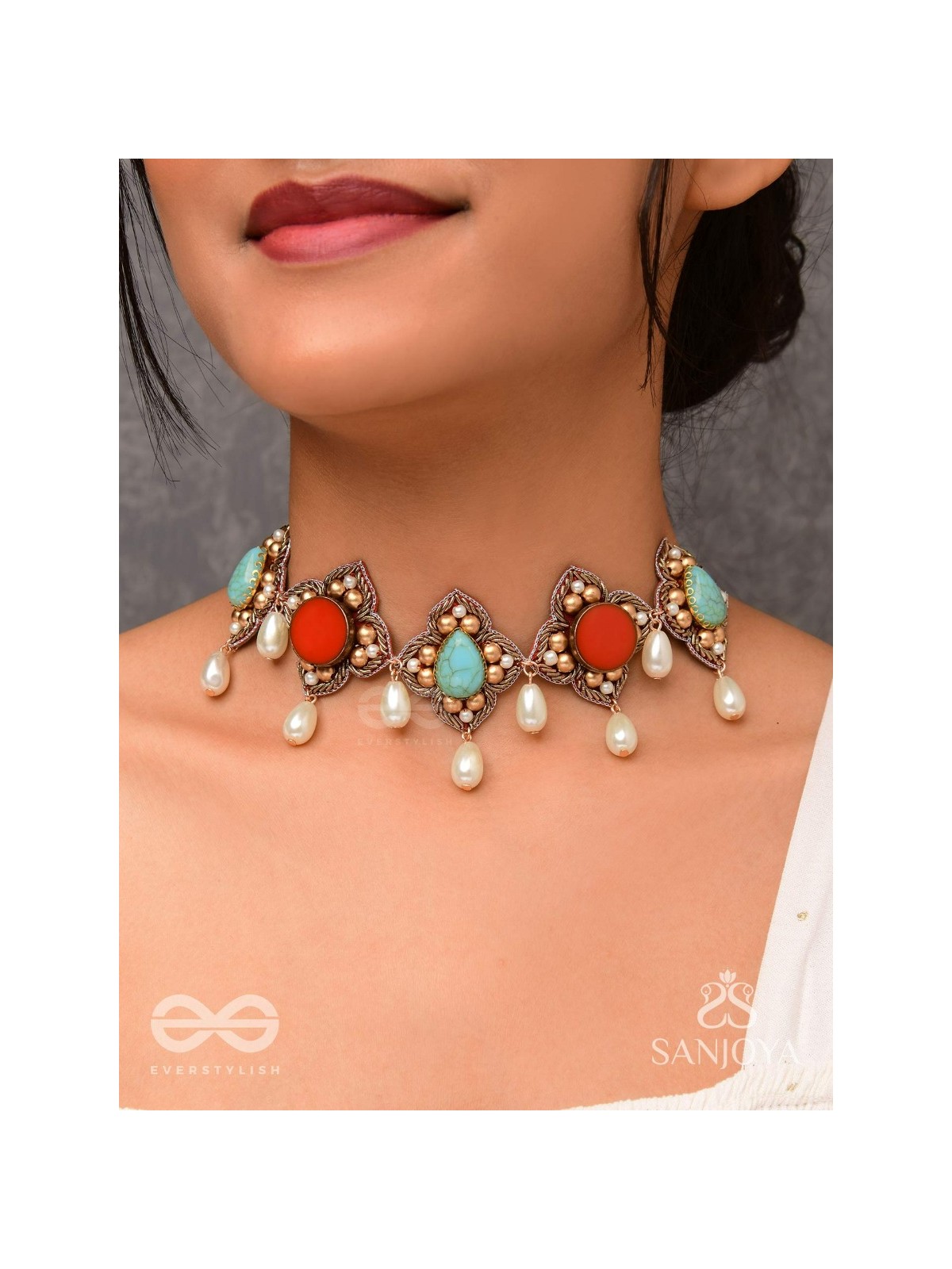 Palashabhyam - The Awakening Petals - Stones, Beads And Pearl Drops Hand Embroidered Choker Neckpiece