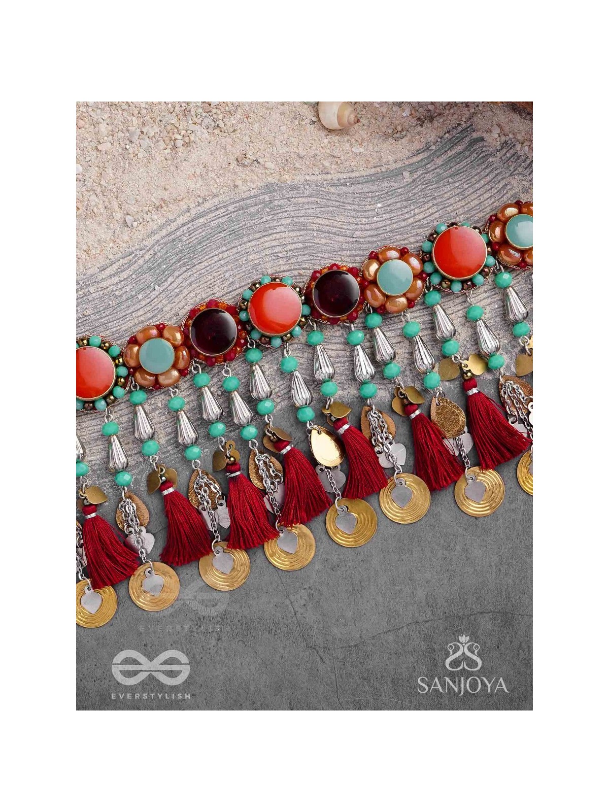 Anuragini - The Windy Music - Stones, Resham And Coins Hand Embroidered Oxidised Choker Neckpiece