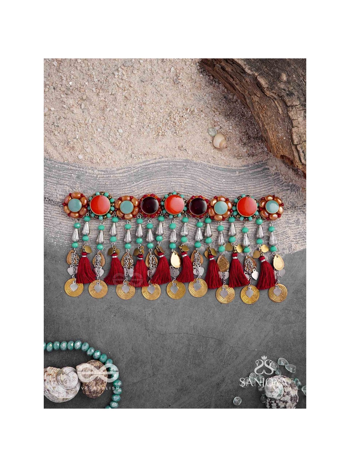 Anuragini - The Windy Music - Stones, Resham And Coins Hand Embroidered Oxidised Choker Neckpiece