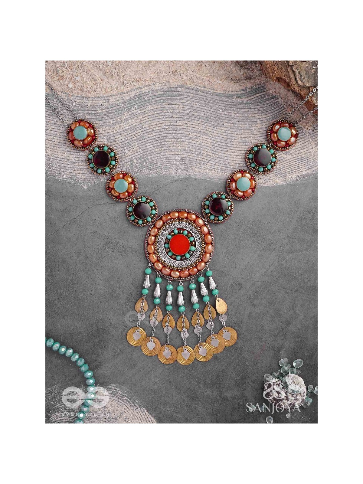 Arthanvit - The Spheres Of Wealth - Beads, Stones And Coins Hand Embroidered Oxidised Neckpiece