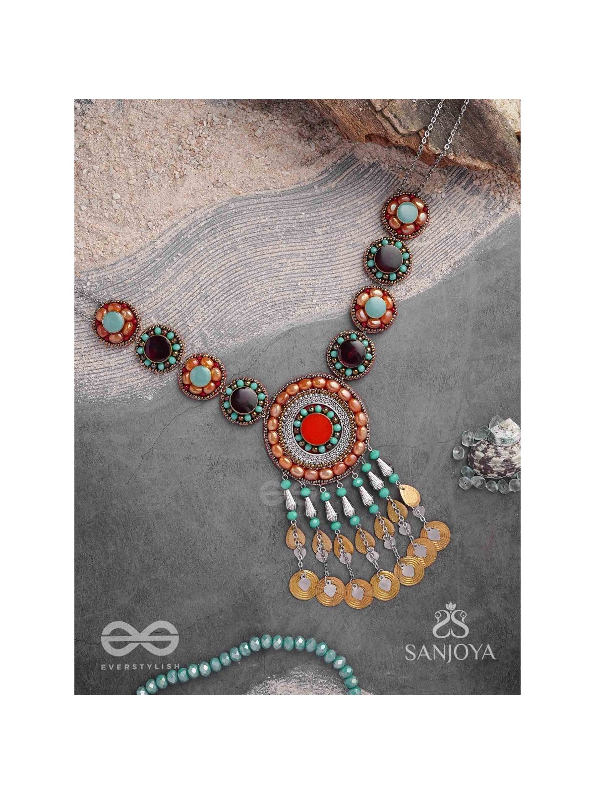 Arthanvit - The Spheres Of Wealth - Beads, Stones And Coins Hand Embroidered Oxidised Neckpiece