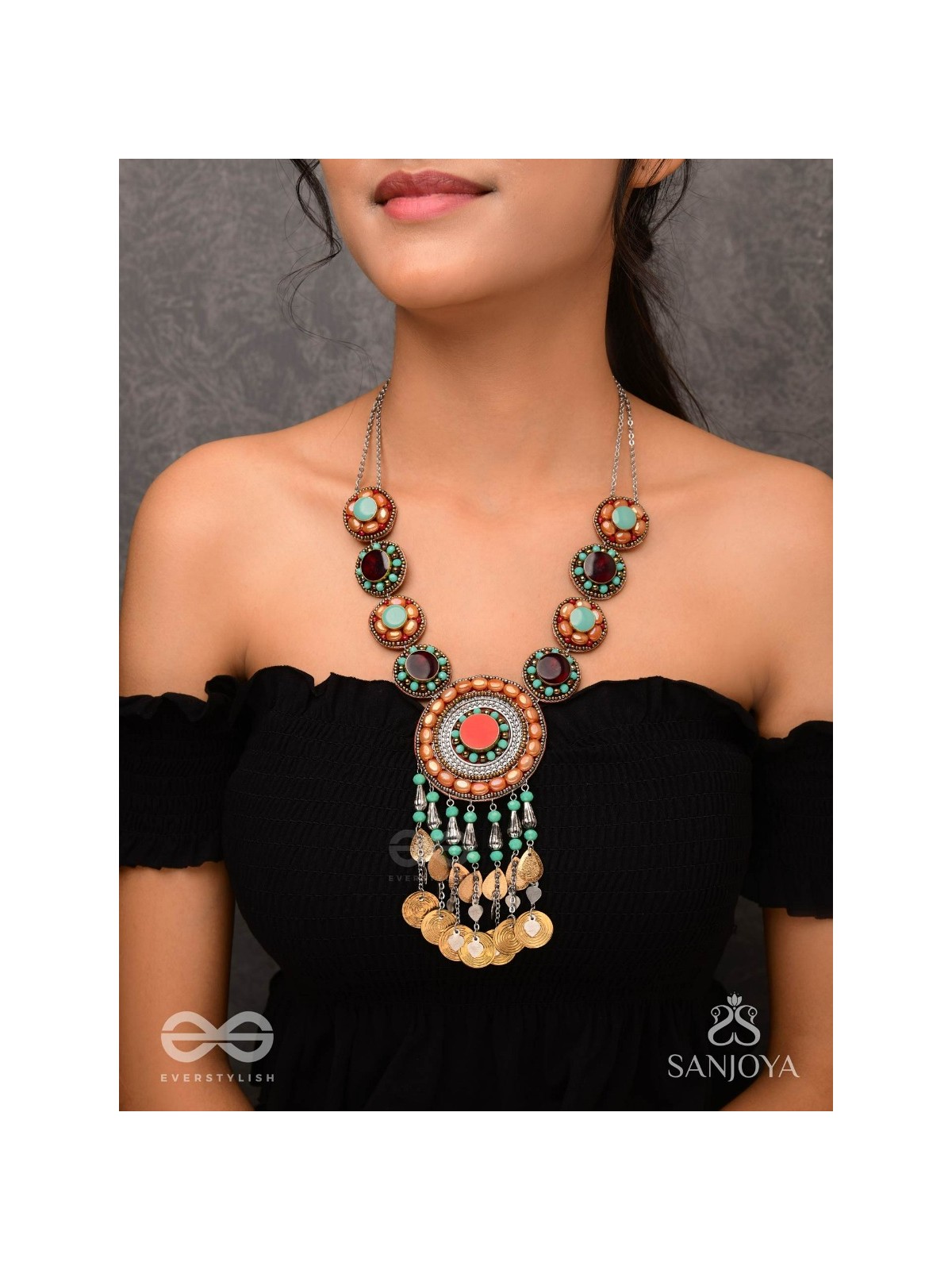 Arthanvit - The Spheres Of Wealth - Beads, Stones And Coins Hand Embroidered Oxidised Neckpiece