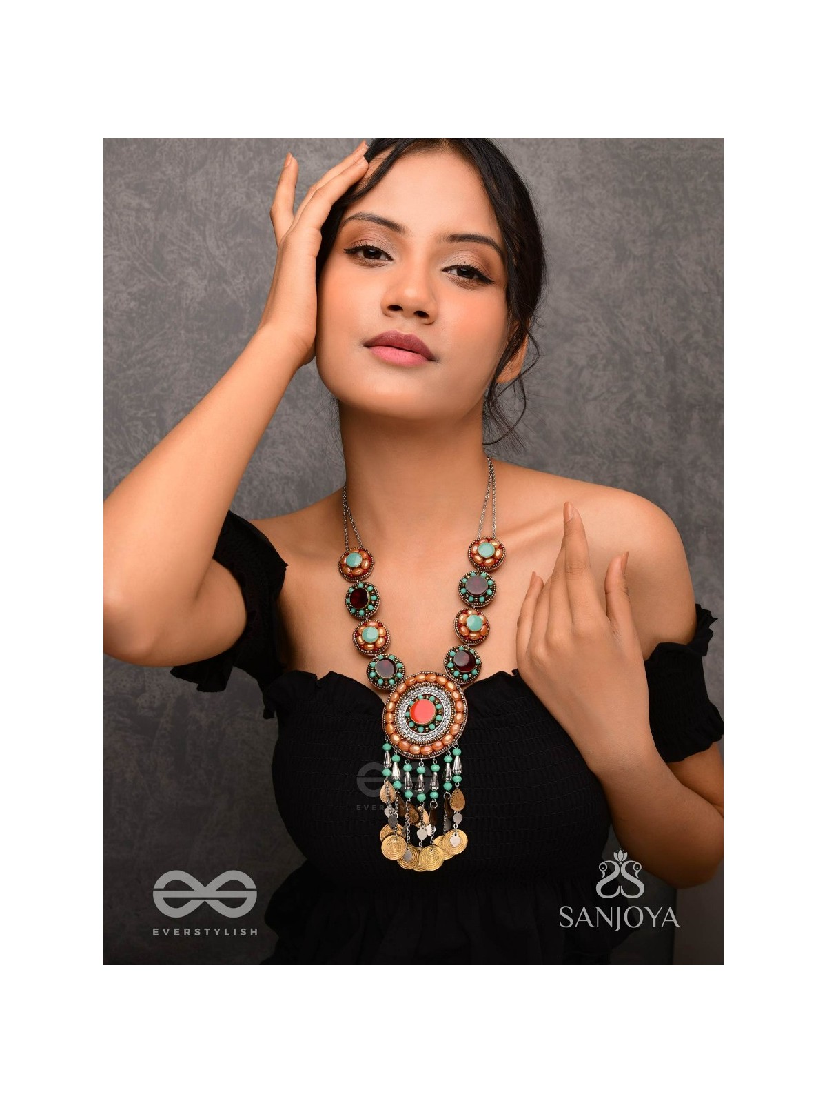 Arthanvit - The Spheres Of Wealth - Beads, Stones And Coins Hand Embroidered Oxidised Neckpiece