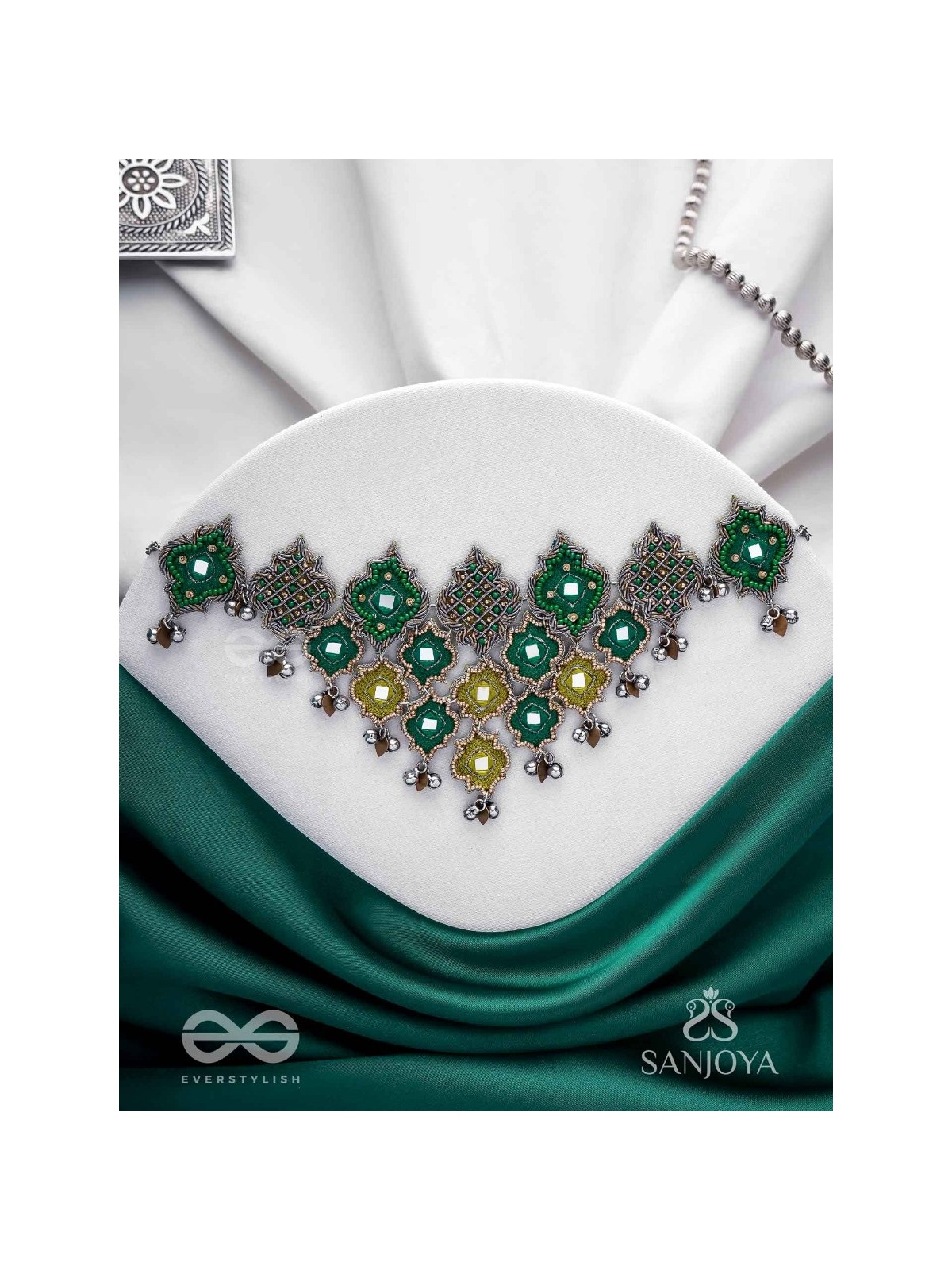 Aardratva - The Lush Cascade - Resham, Mirror And Dabka Hand Embroidered Oxidised Neckpiece