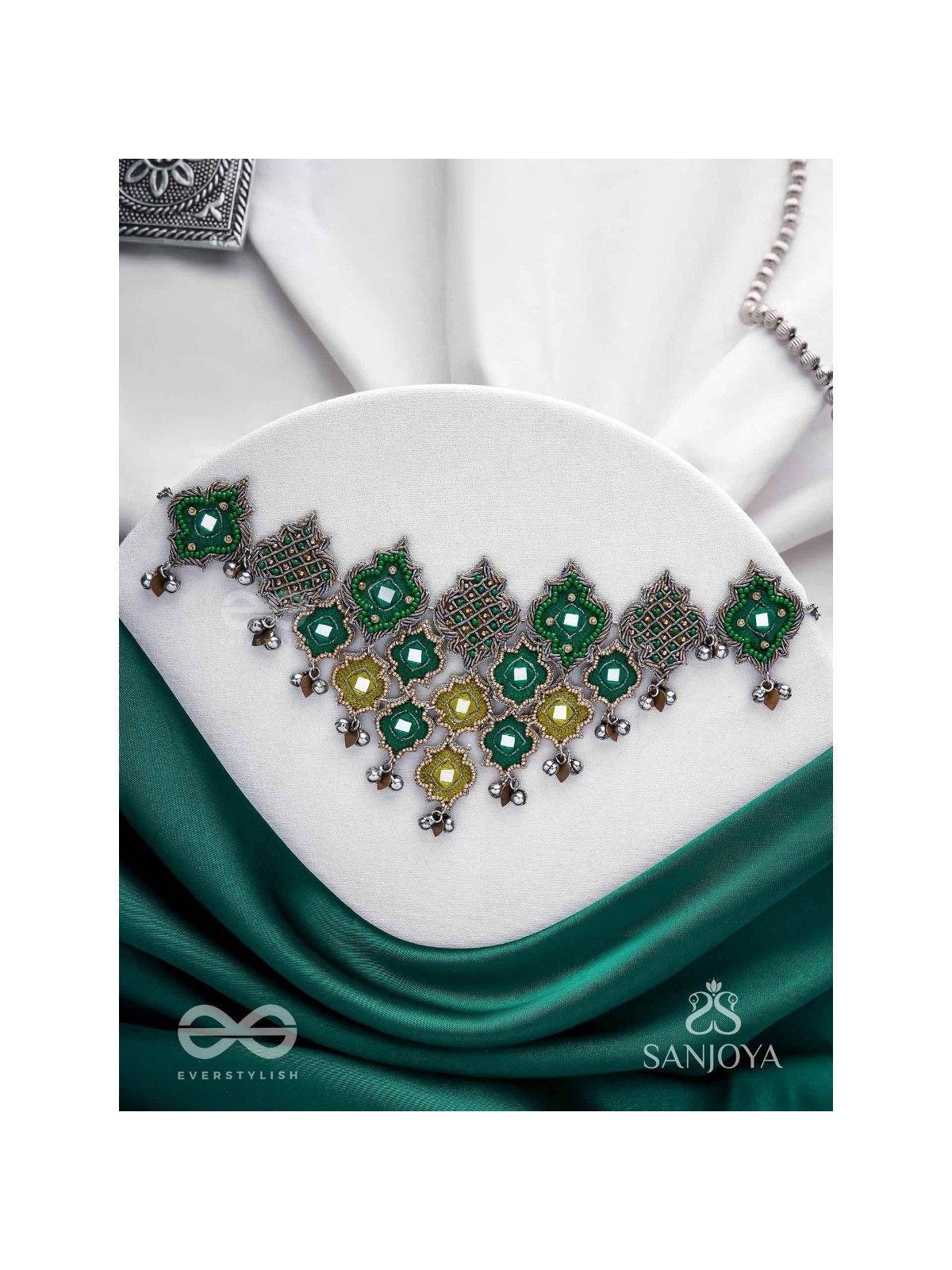 Aardratva - The Lush Cascade - Resham, Mirror And Dabka Hand Embroidered Oxidised Neckpiece