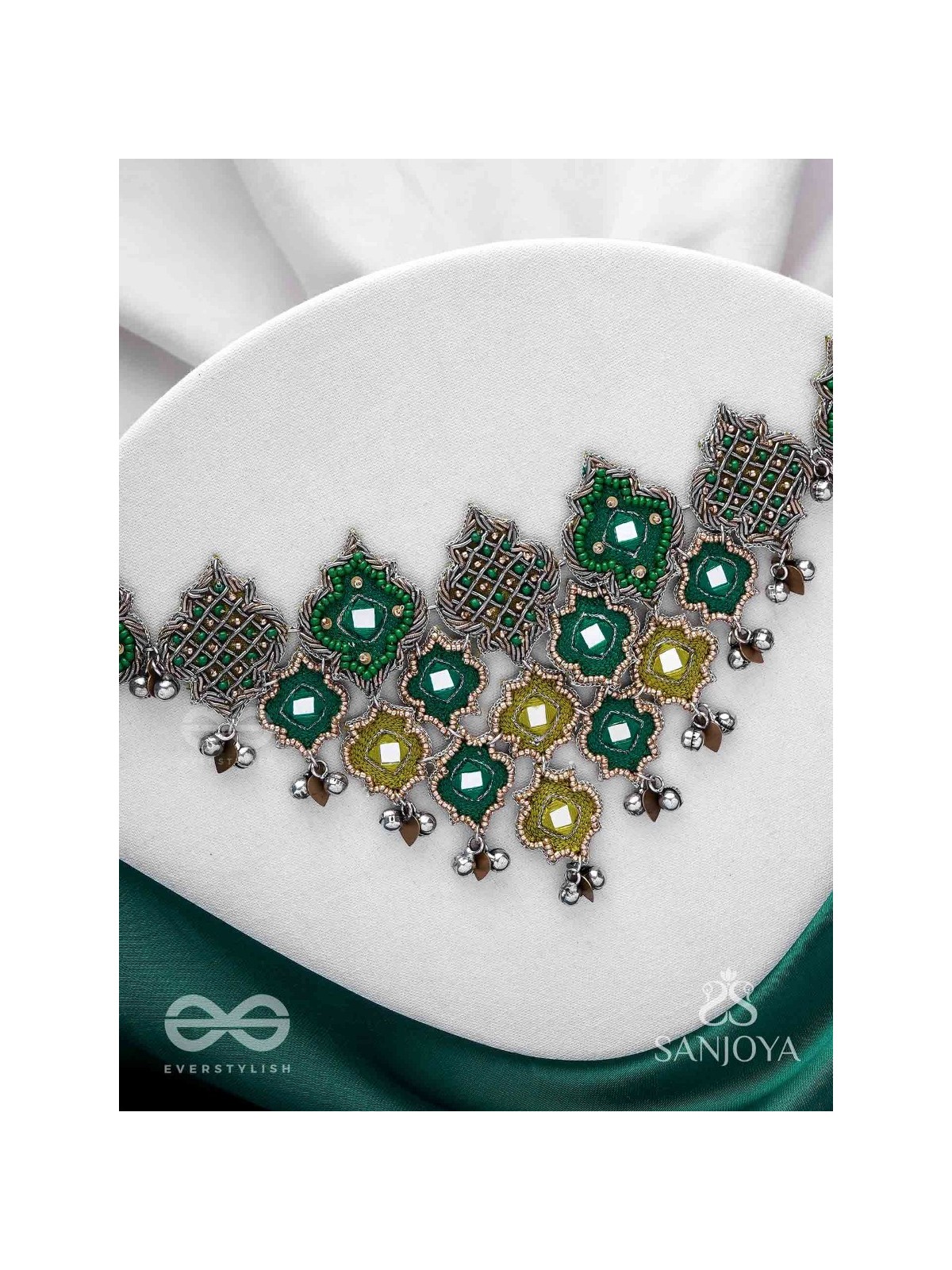 Aardratva - The Lush Cascade - Resham, Mirror And Dabka Hand Embroidered Oxidised Neckpiece