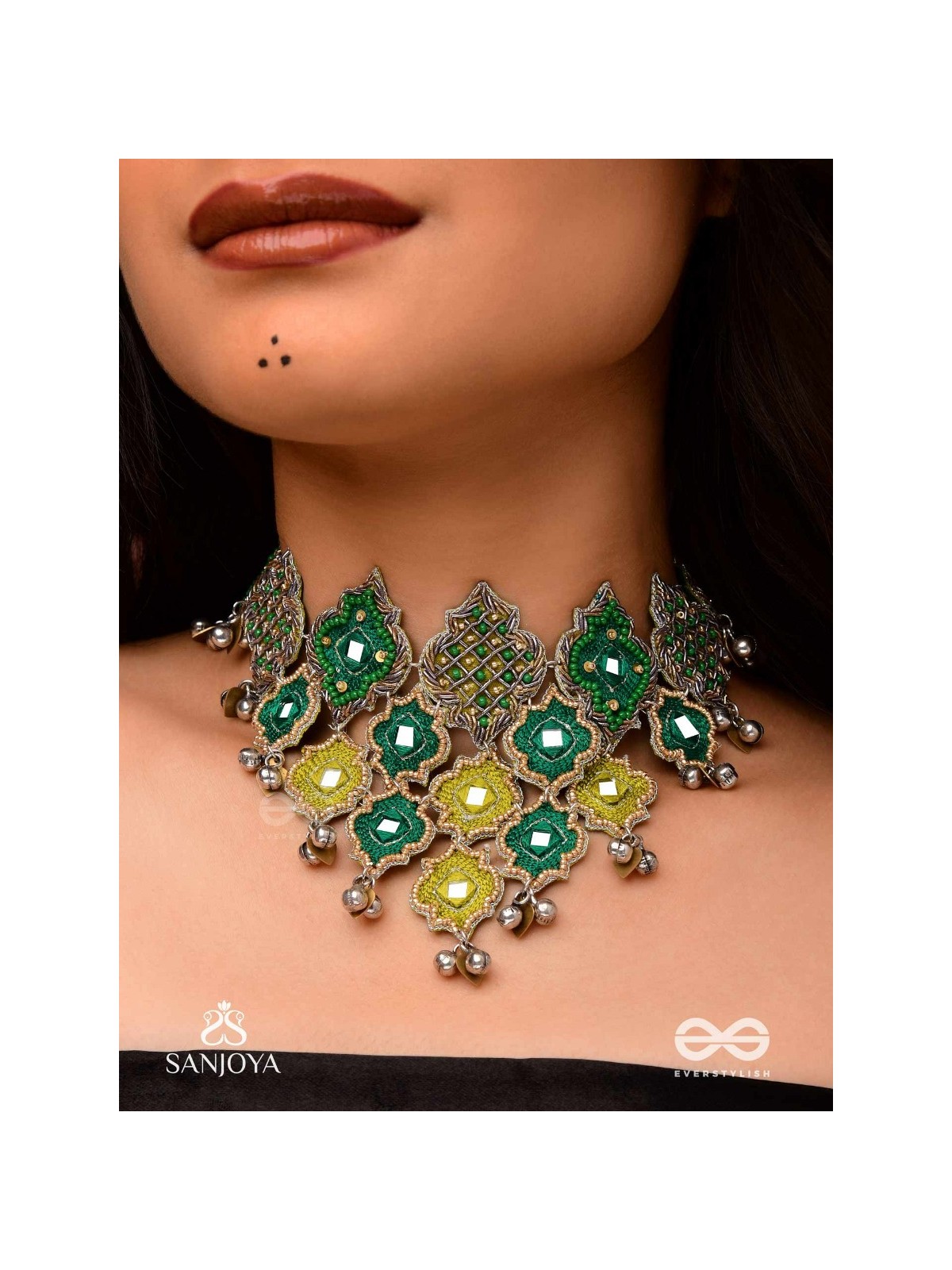 Aardratva - The Lush Cascade - Resham, Mirror And Dabka Hand Embroidered Oxidised Neckpiece