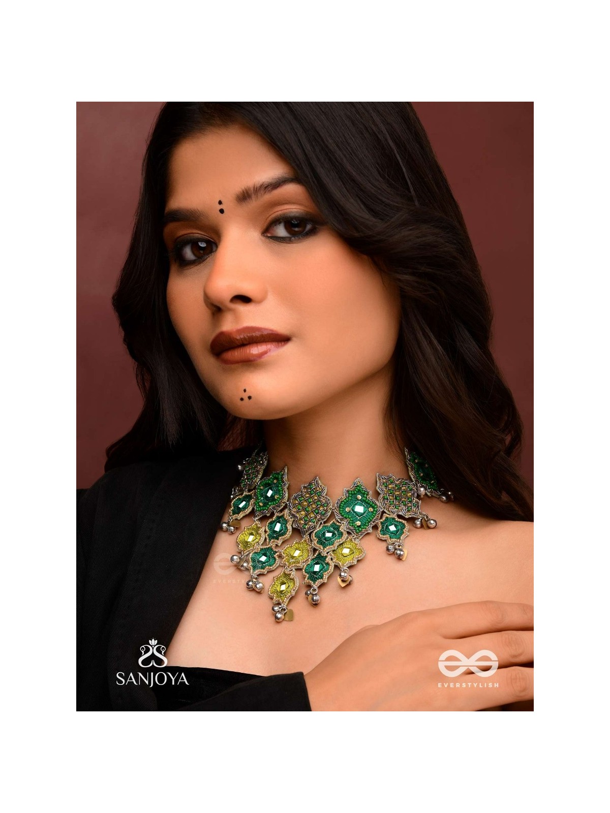 Aardratva - The Lush Cascade - Resham, Mirror And Dabka Hand Embroidered Oxidised Neckpiece