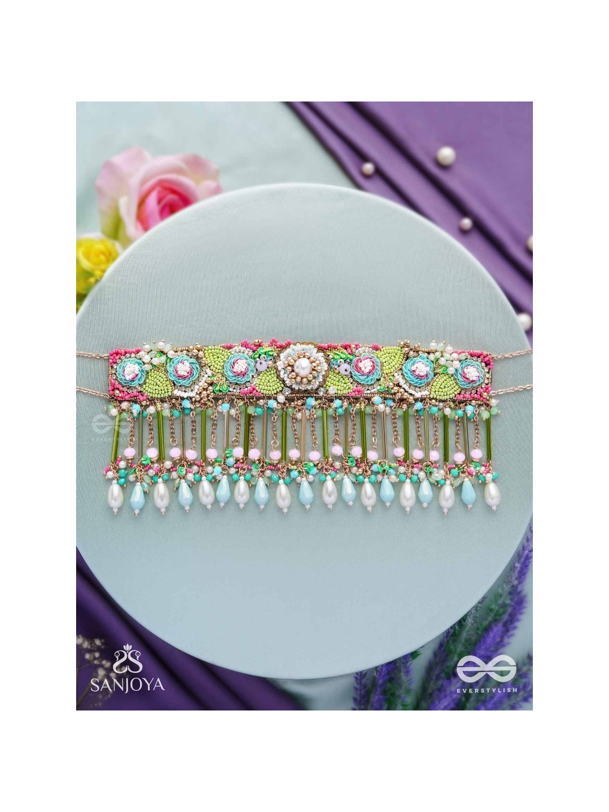 MANJUSUMANA - BEAUTIFUL BLOSSOM - BEADS, SEQUINS AND PEARL DROPS HAND EMBROIDERED CHOKER NECKPIECE