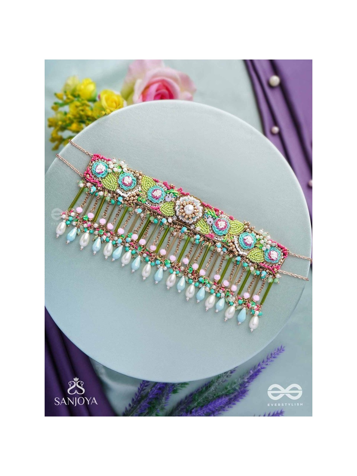 MANJUSUMANA - BEAUTIFUL BLOSSOM - BEADS, SEQUINS AND PEARL DROPS HAND EMBROIDERED CHOKER NECKPIECE